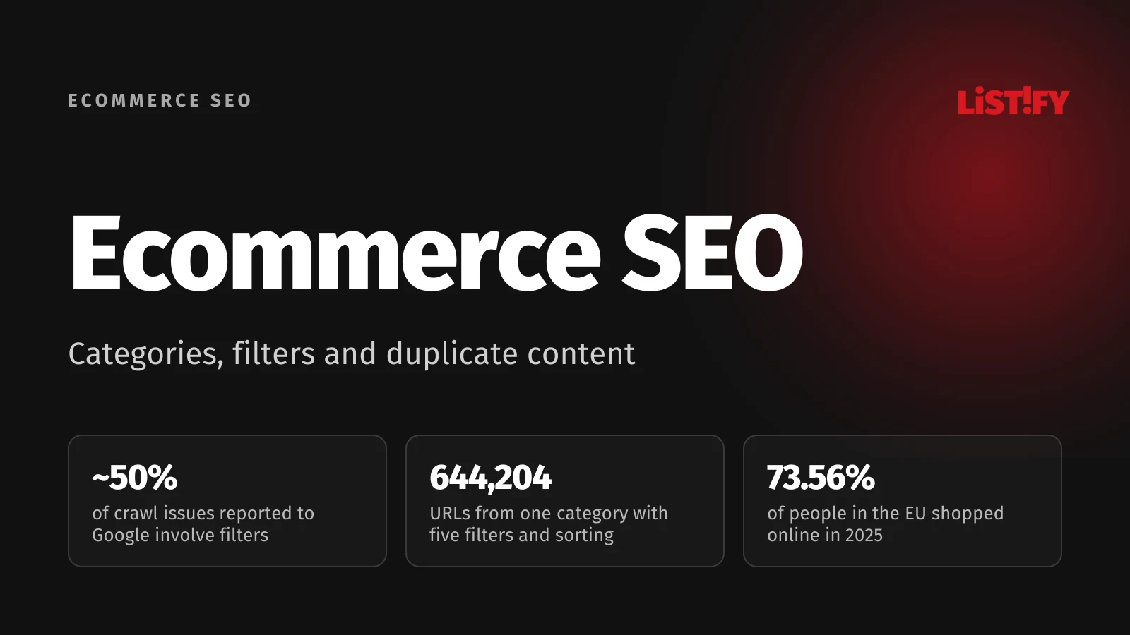 Ecommerce SEO: about 50% of crawl issues reported to Google involve filters, one category with five filters and sorting produces 644,204 URLs, 73.56% of people in the EU shopped online in 2025