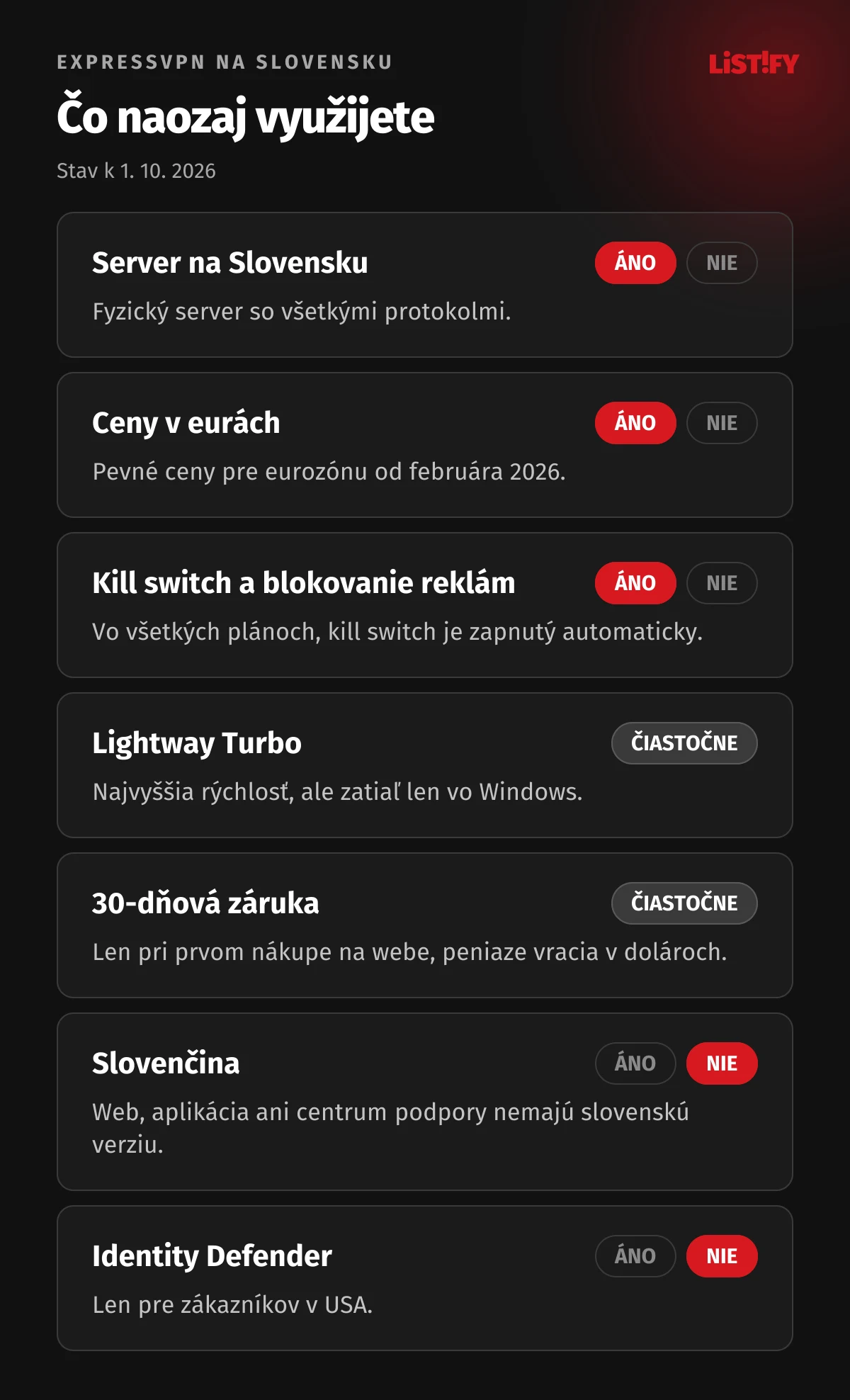 Čo z ExpressVPN na Slovensku využijete: server na Slovensku, ceny v eurách, kill switch a blokovanie reklám áno, slovenská aplikácia a podpora nie, Identity Defender len USA