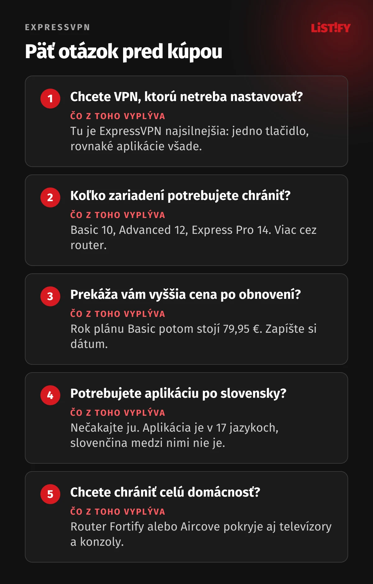 Päť otázok pred kúpou ExpressVPN: chcete VPN, ktorú netreba nastavovať, koľko zariadení potrebujete chrániť, prekáža vám vyššia cena po obnovení, potrebujete aplikáciu po slovensky, chcete chrániť celú domácnosť