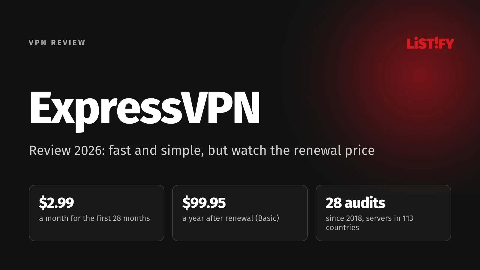 ExpressVPN review cover: from $2.99 a month for the first 28 months, renews at $99.95 a year, 113 countries and 28 audits