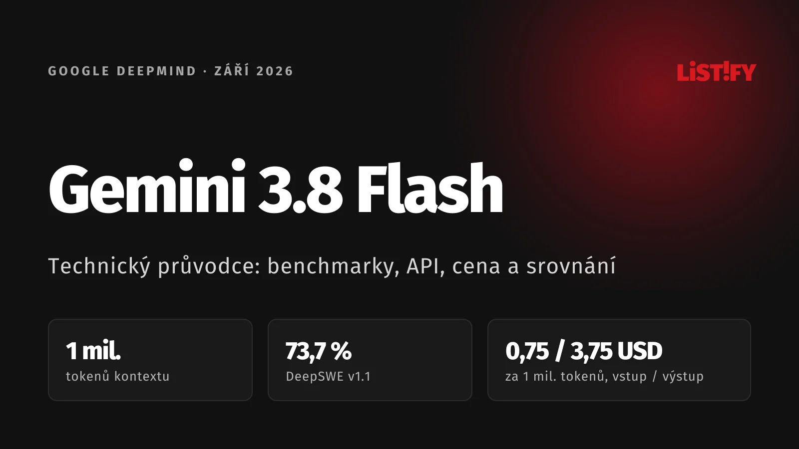 Obálka článku Gemini 3.8 Flash: kontext 1 milion tokenů, 73,7 % v testu DeepSWE v1.1 a cena 0,75 a 3,75 USD za milion tokenů