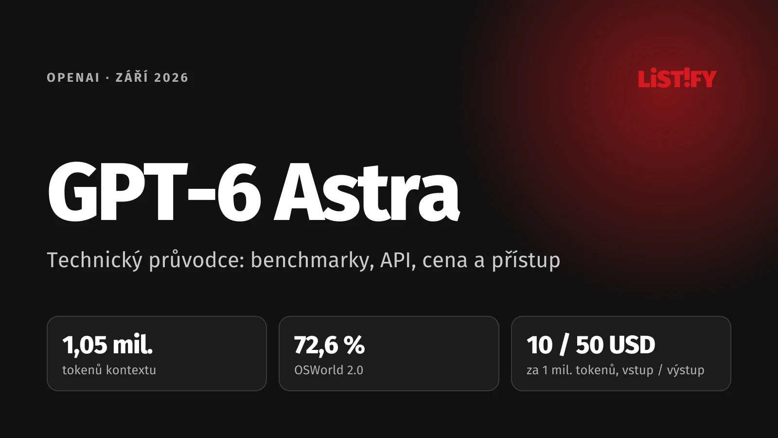 Obálka článku GPT-6 Astra: kontext 1,05 milionu tokenů, 72,6 % v testu OSWorld 2.0 a cena 10 a 50 USD za milion tokenů