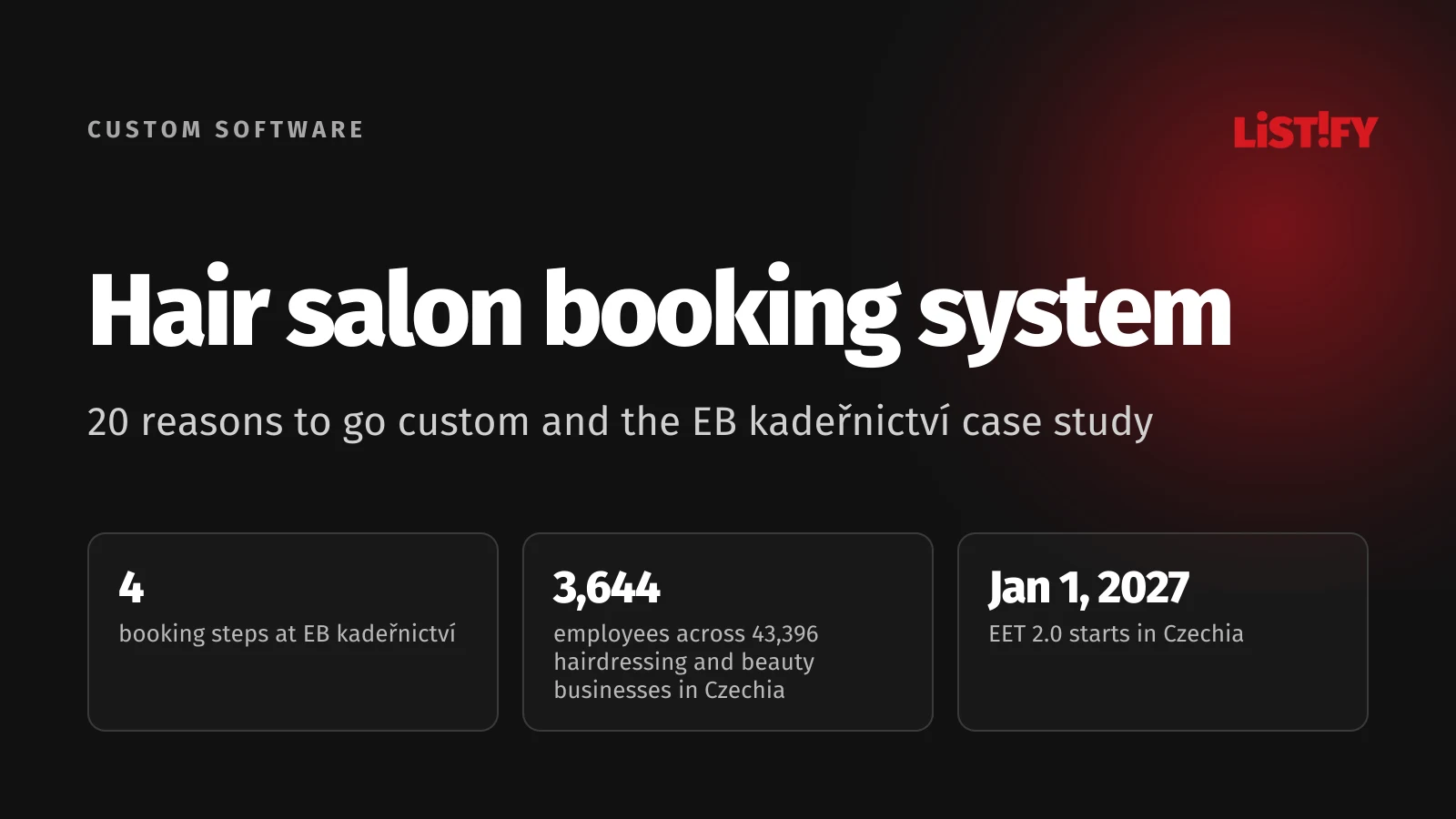 Cover: Hair salon booking system, 20 reasons to go custom: 4 booking steps at EB kadeřnictví, 3,644 employees across 43,396 hairdressing and beauty businesses in Czechia, EET 2.0 from January 1, 2027