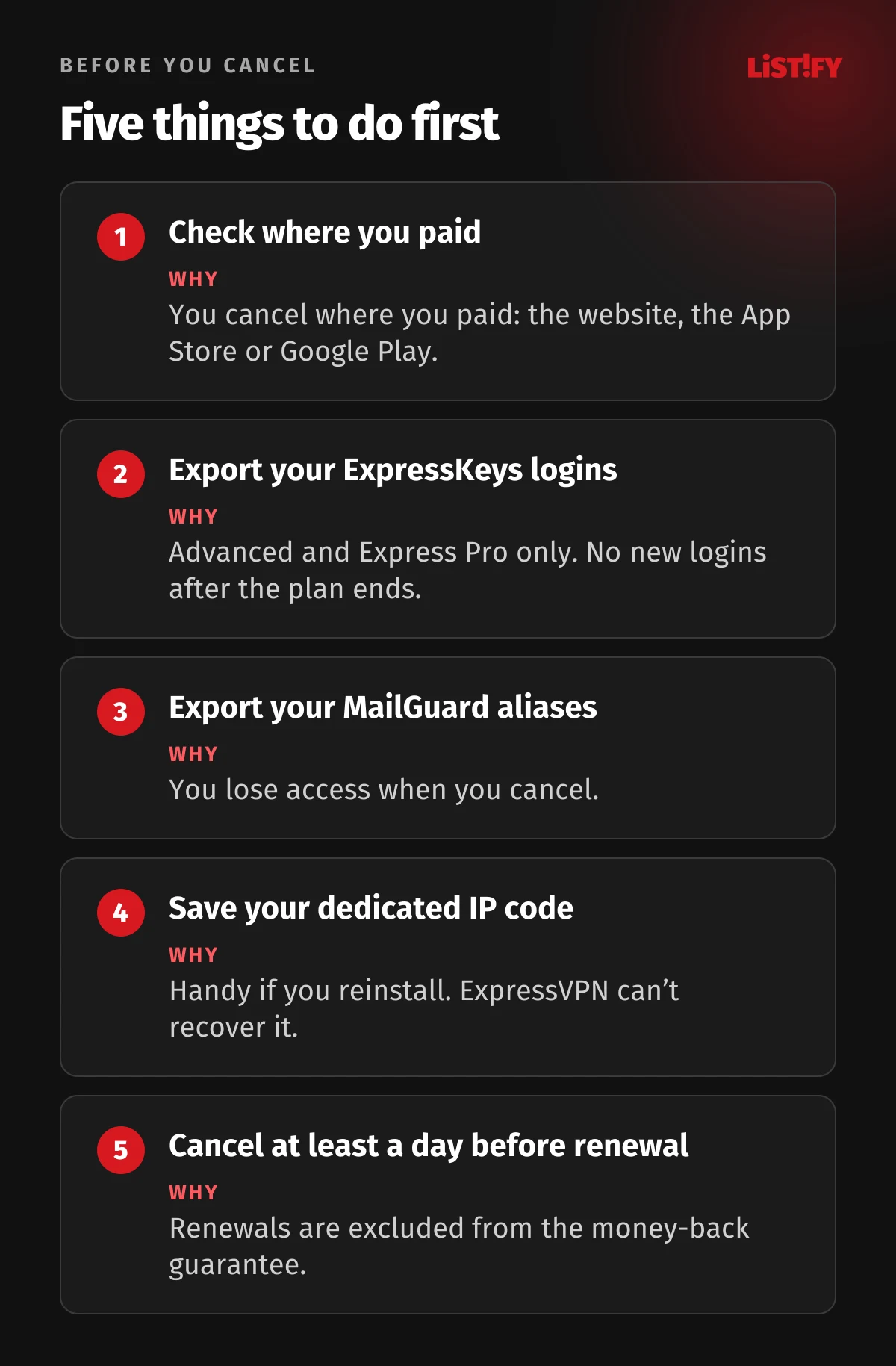 Five steps before canceling ExpressVPN: check where you paid, export ExpressKeys passwords, export MailGuard aliases, save your dedicated IP code, cancel at least a day before renewal