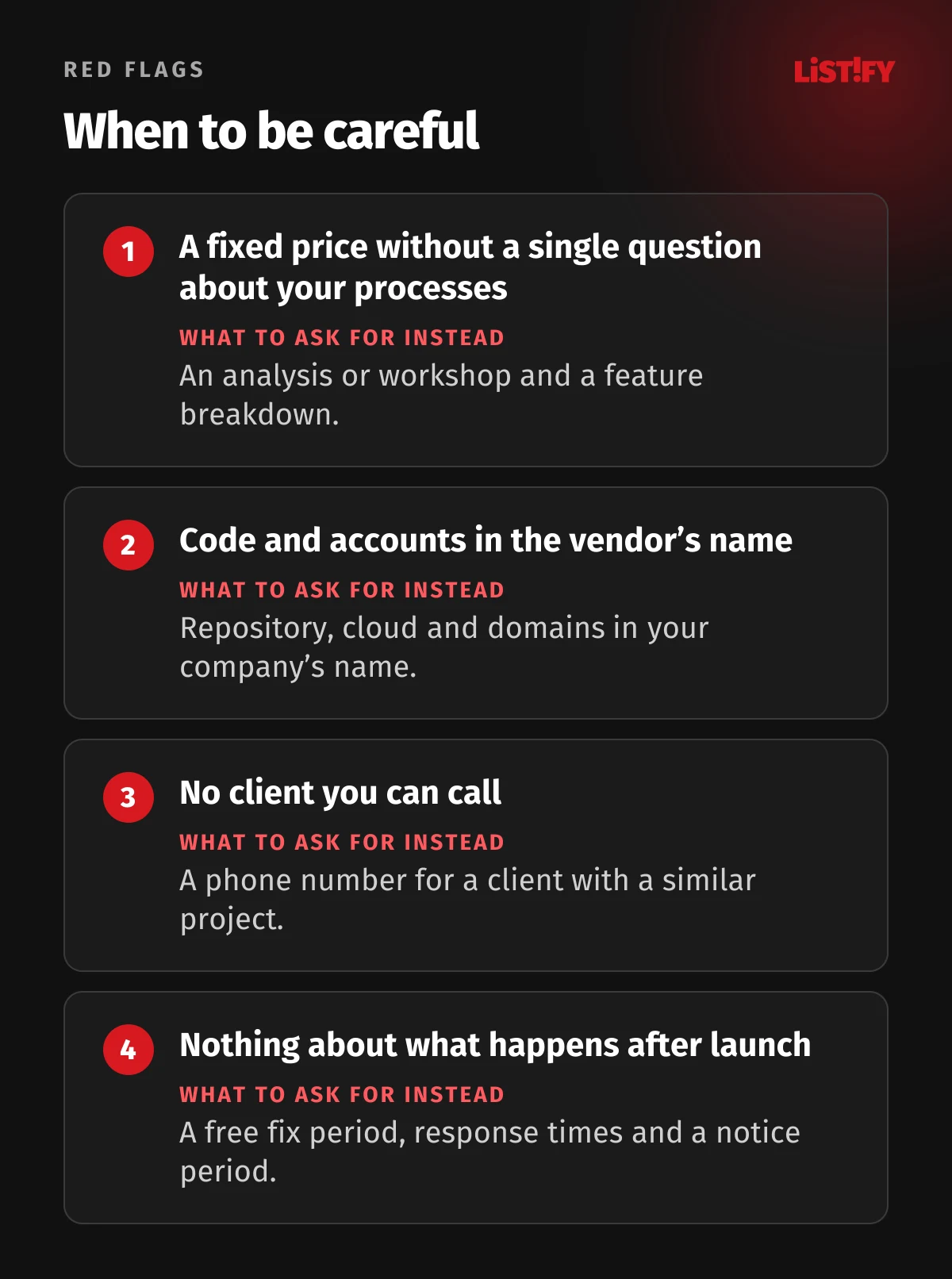 Four red flags in an offer: a fixed price without a single question about your processes, code and accounts in the vendor’s name, no client you can call, nothing about what happens after launch