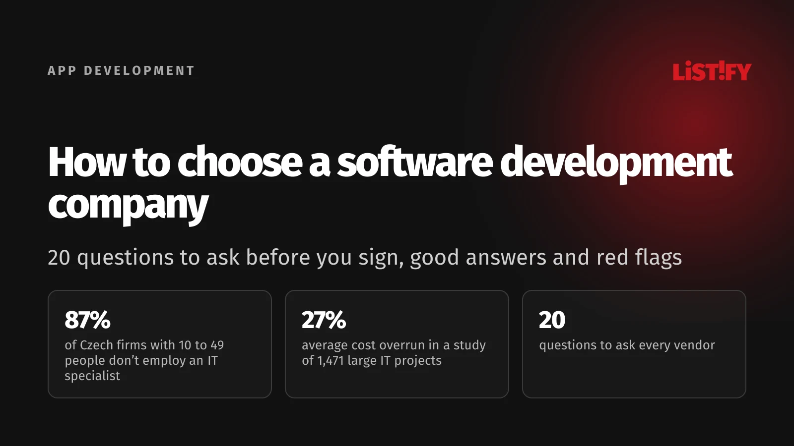 Cover: how to choose a software development company, 87% of Czech firms with 10 to 49 people don’t employ an IT specialist, 27% average cost overrun in a study of 1,471 large IT projects, 20 questions