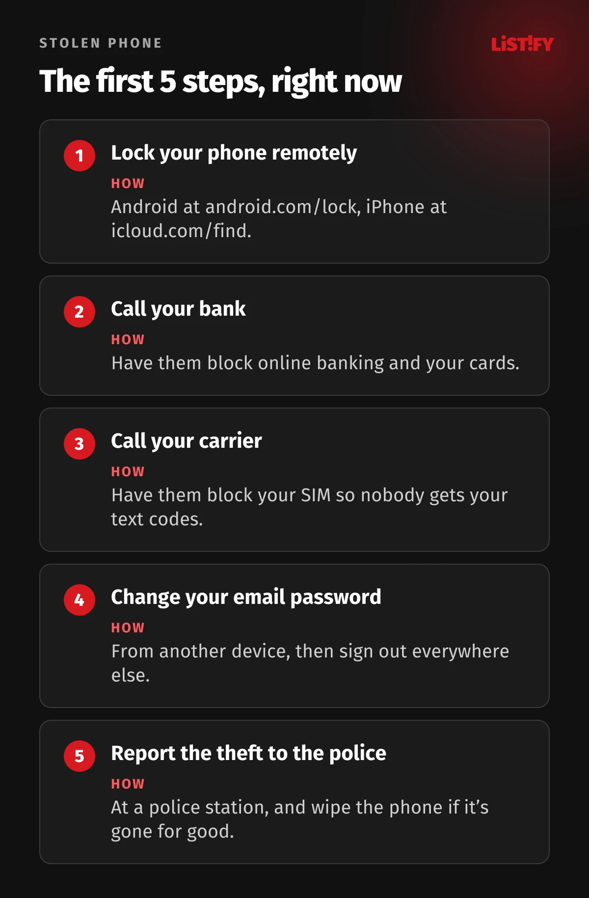 The first 5 steps after your phone is stolen: lock it remotely, call your bank, call your carrier, change your email password, report the theft to the police