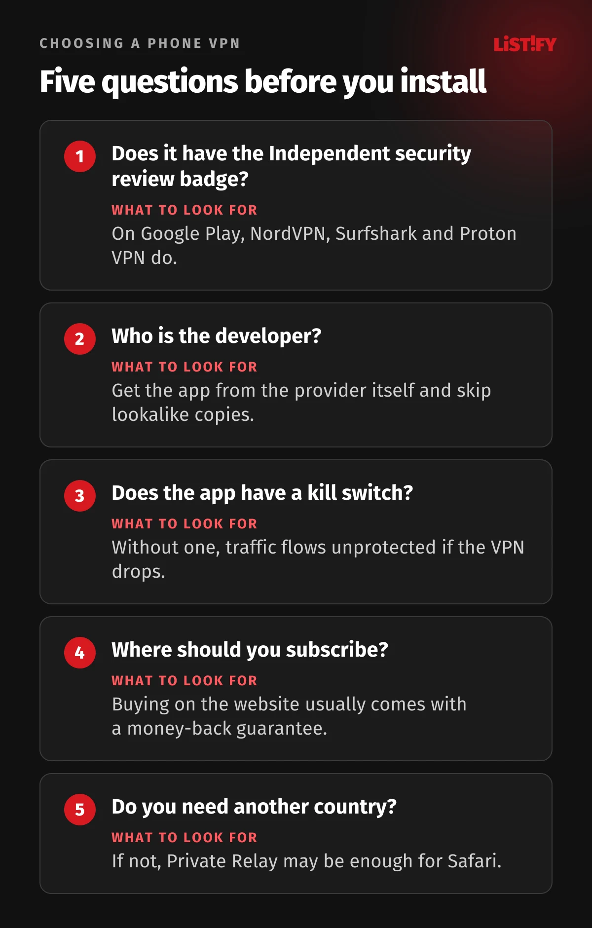 Five questions for choosing a phone VPN: does the app have an independent security review badge, who is the developer, does it have a kill switch, where should you buy it, do you need another country or is Private Relay enough