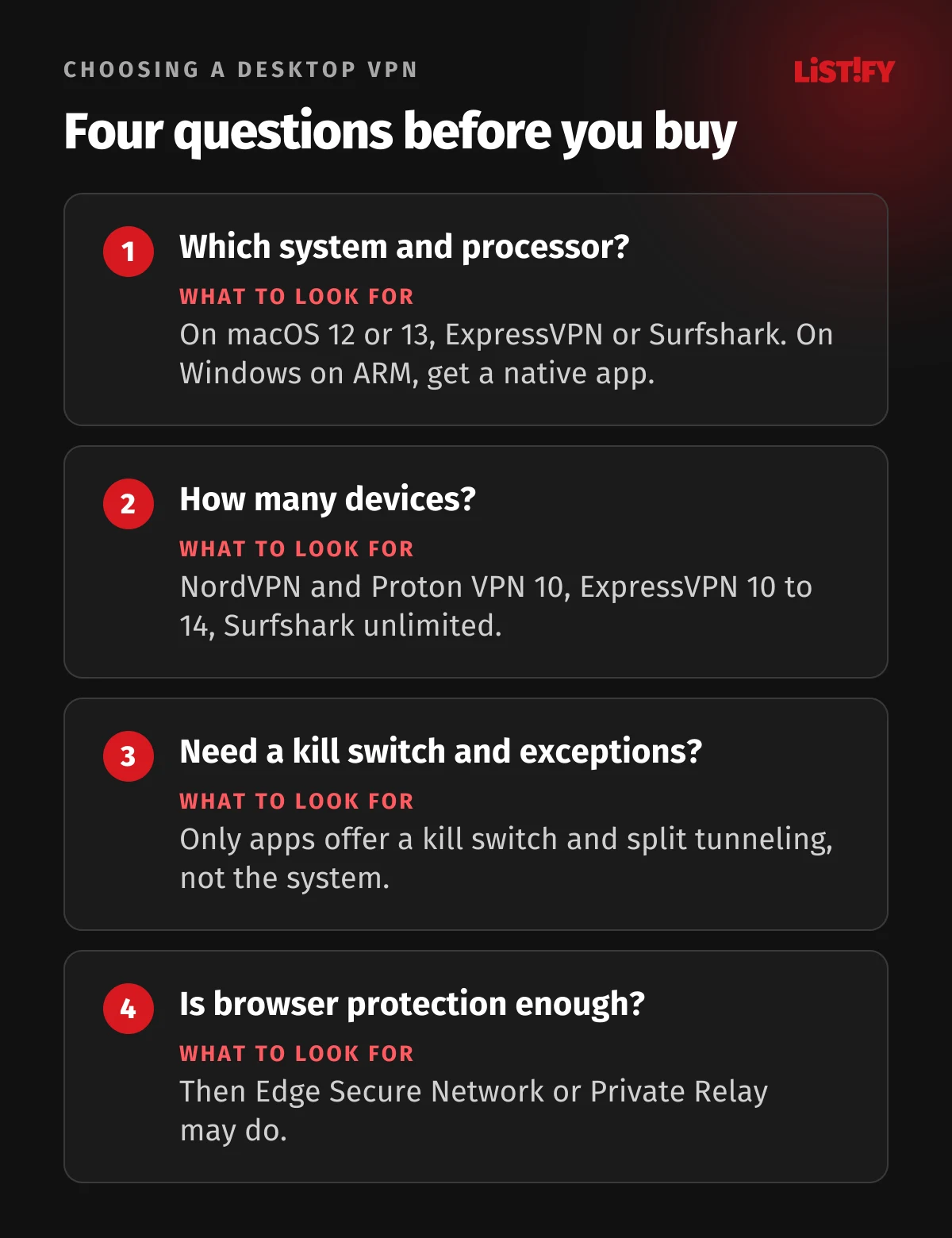 Four questions for choosing a VPN for your computer: which system and processor you have, how many devices you want to cover, whether you need a kill switch and split tunneling, and whether browser protection is enough