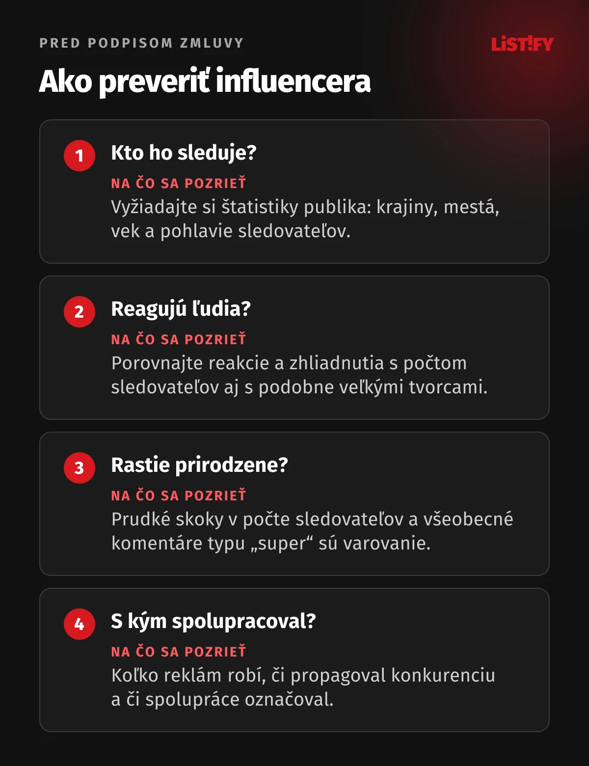 Ako preveriť influencera pred podpisom zmluvy: štatistiky publika podľa krajiny a veku, pomer reakcií a sledovateľov, skoky v raste, predchádzajúce spolupráce s konkurenciou a označovanie reklamy