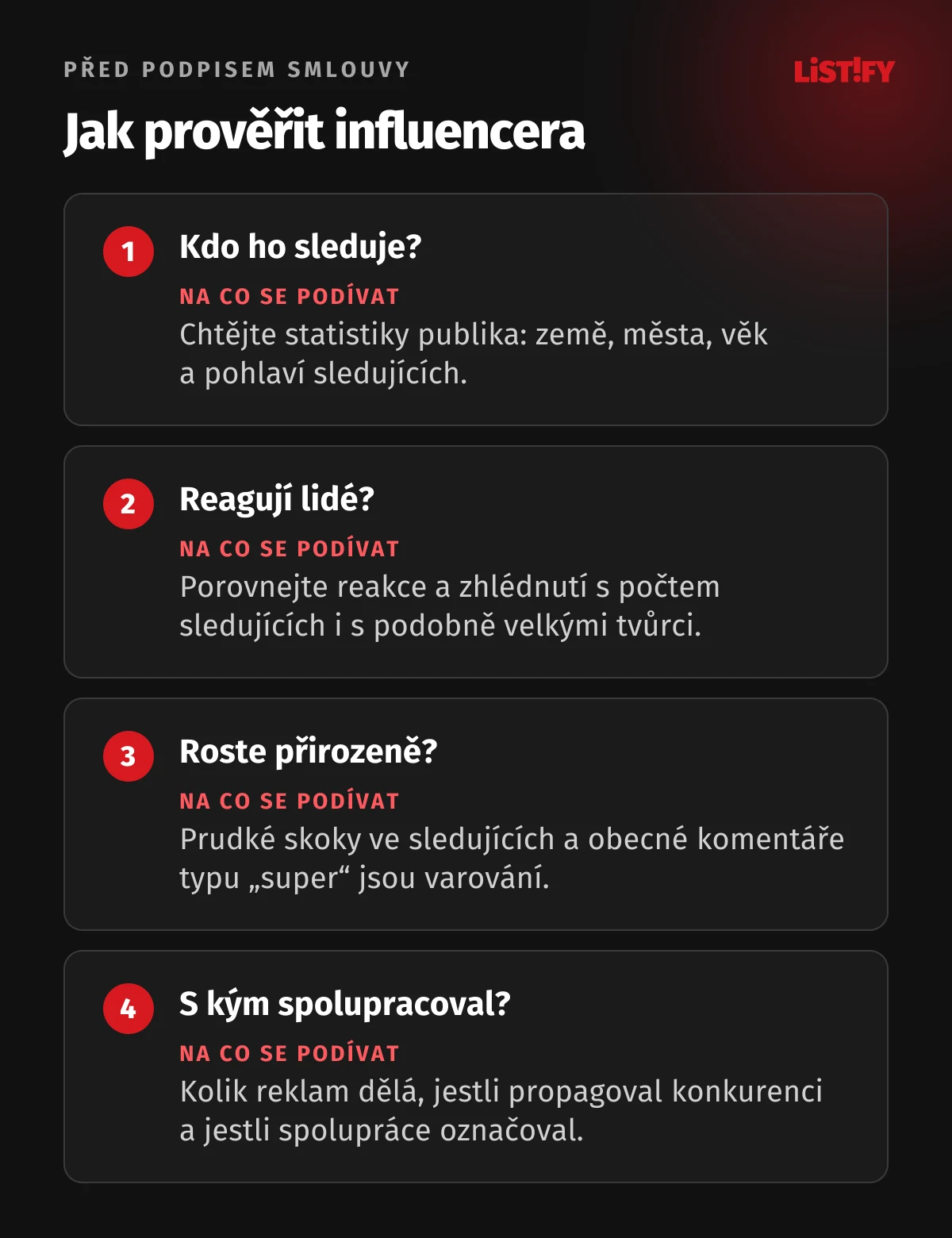 Jak prověřit influencera před podpisem smlouvy: statistiky publika podle země a věku, poměr reakcí a sledujících, skoky v růstu, dřívější spolupráce s konkurencí a označování reklamy