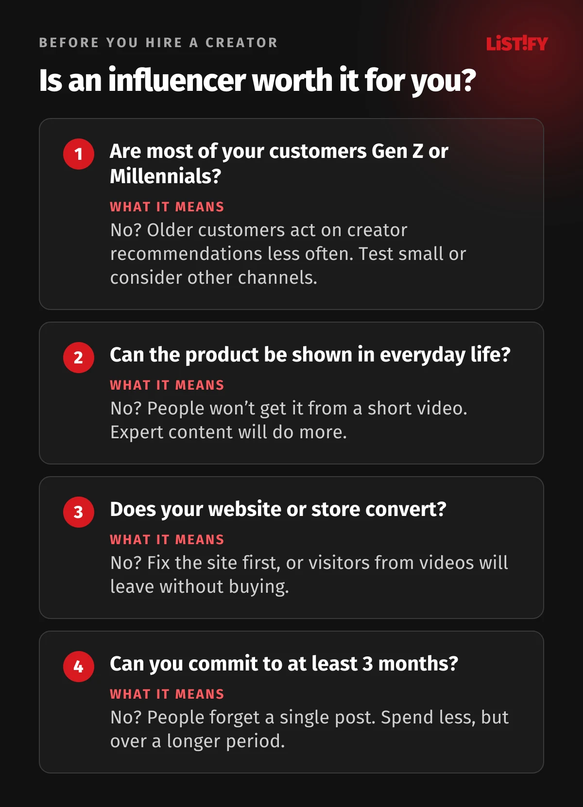 Four questions before working with an influencer: are your customers mostly Gen Z or Millennials, can the product be shown in everyday life, does your website or store convert, and can you commit to at least three months