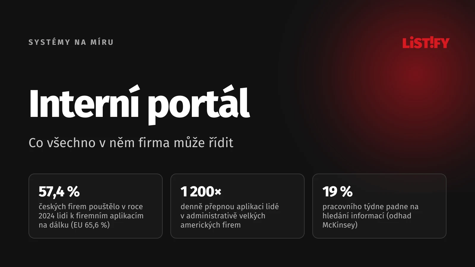 Obálka článku Interní portál: 57,4 % českých firem pouštělo v roce 2024 lidi k firemním aplikacím na dálku (EU 65,6 %), 1 200 přepnutí aplikací denně, 19 % týdne hledáním informací