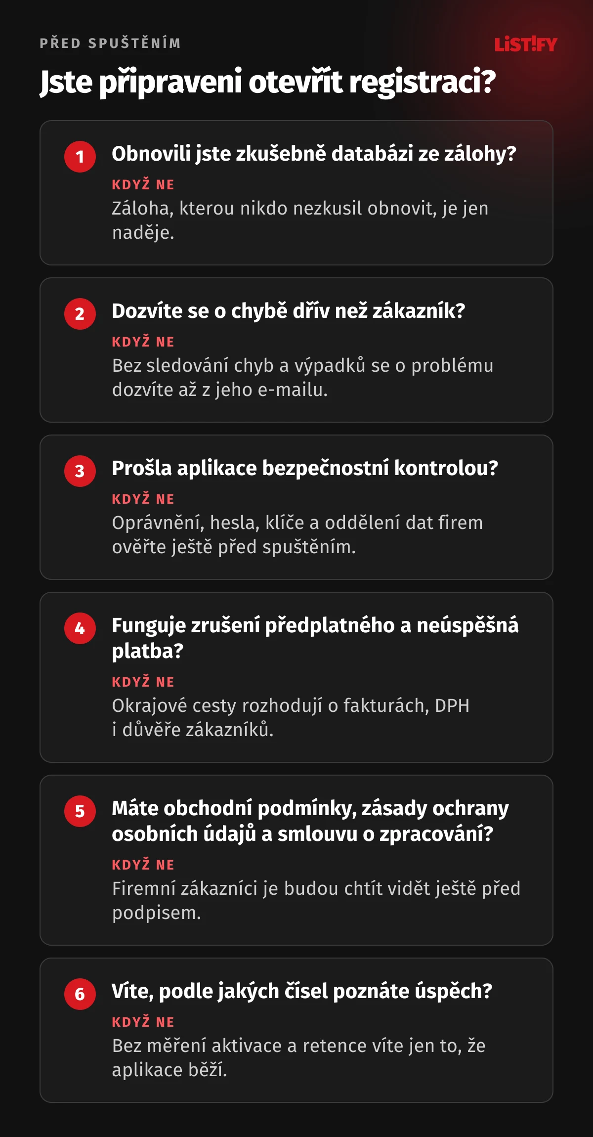 Šest otázek před spuštěním SaaS aplikace: zkušební obnova databáze ze zálohy, sledování chyb, bezpečnostní kontrola, zrušení předplatného a neúspěšná platba, obchodní podmínky, zásady ochrany osobních údajů a smlouva o zpracování, čísla, podle kterých poznáte úspěch