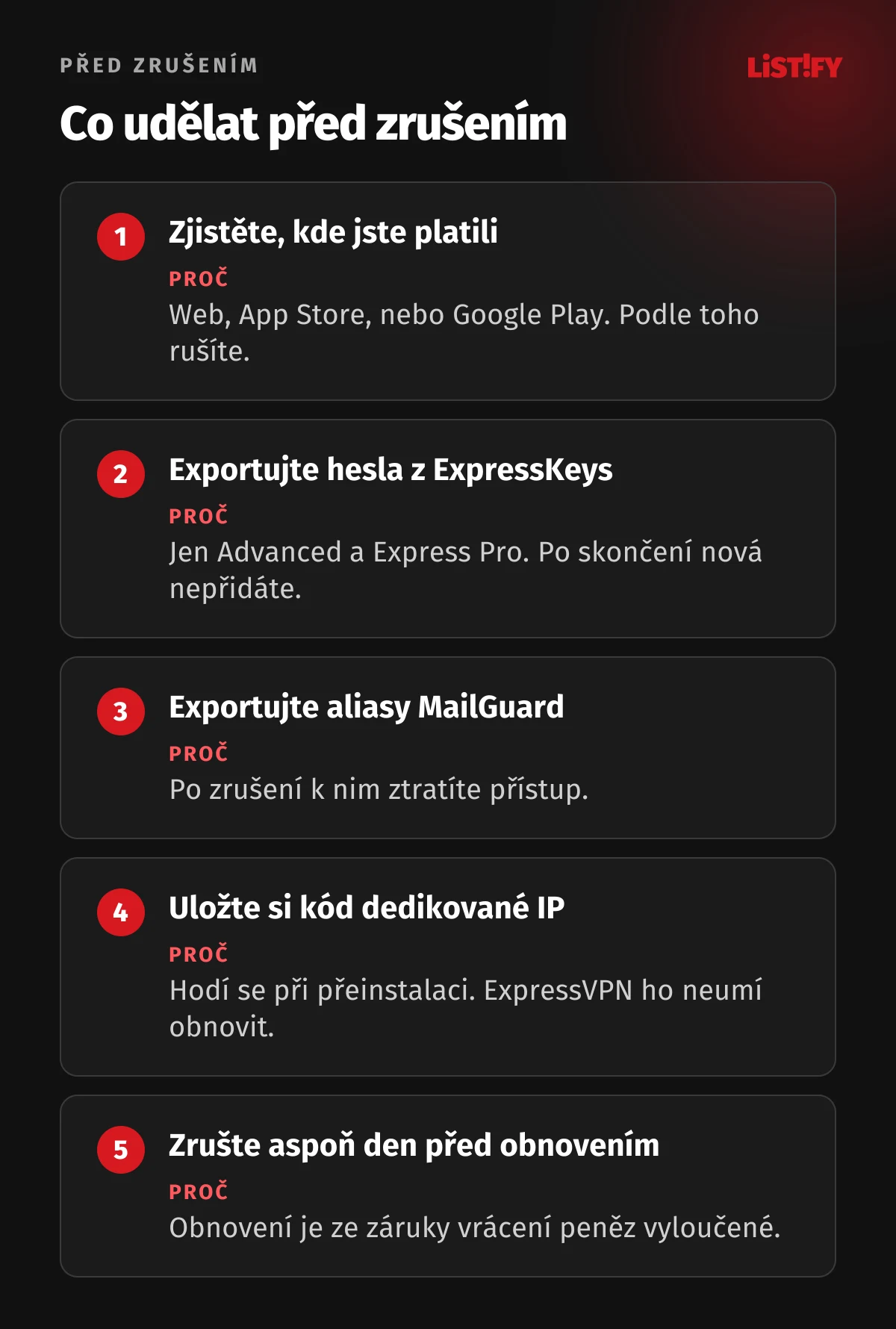 Pět kroků před zrušením ExpressVPN: zjistit, kde jste platili, exportovat hesla ExpressKeys, exportovat aliasy MailGuard, uložit kód dedikované IP, zrušit aspoň den před obnovením