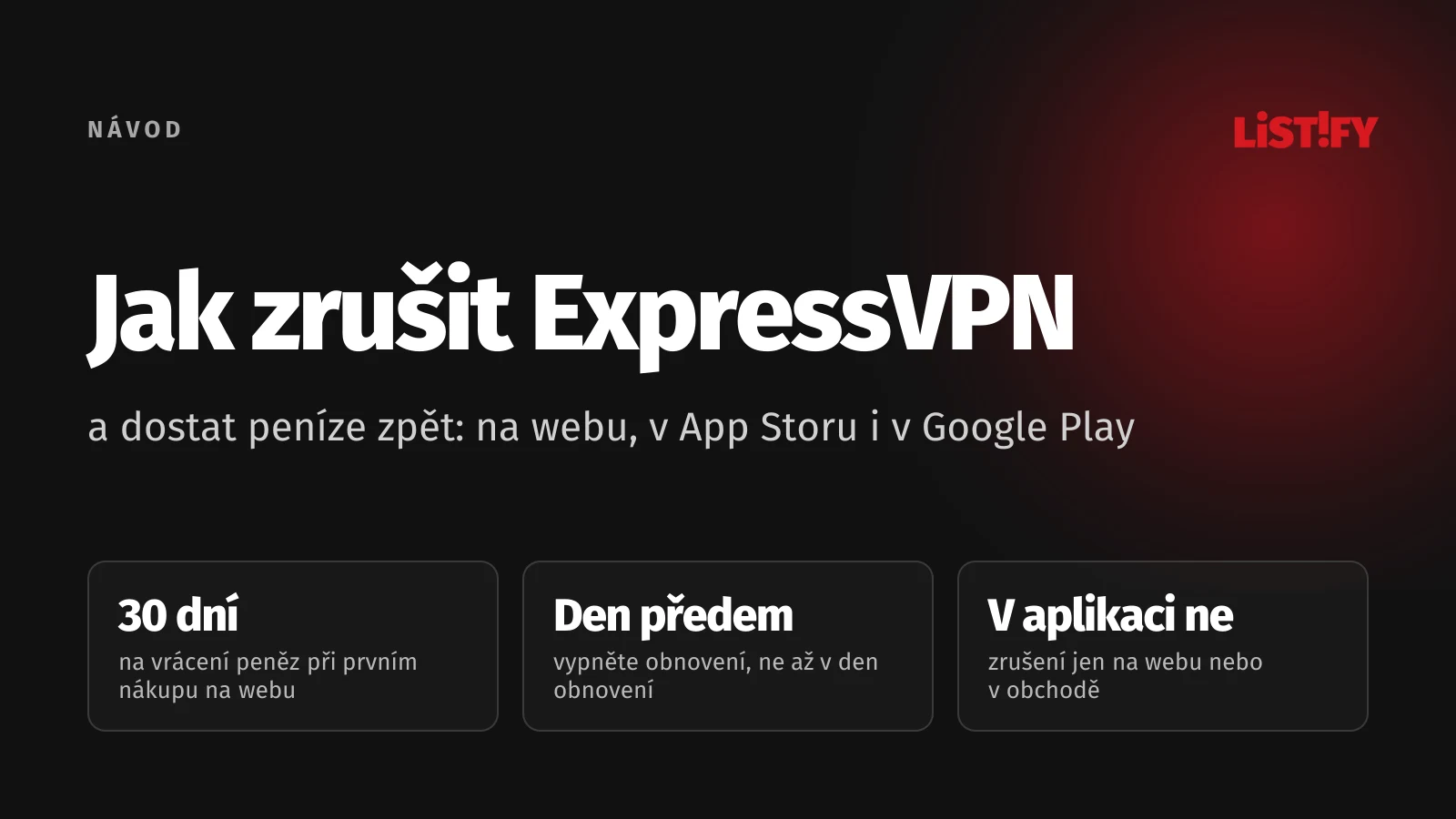 Obálka návodu Jak zrušit ExpressVPN: 30 dní na vrácení peněz při prvním nákupu, zrušit nejpozději den před obnovením, v aplikaci zrušení nejde
