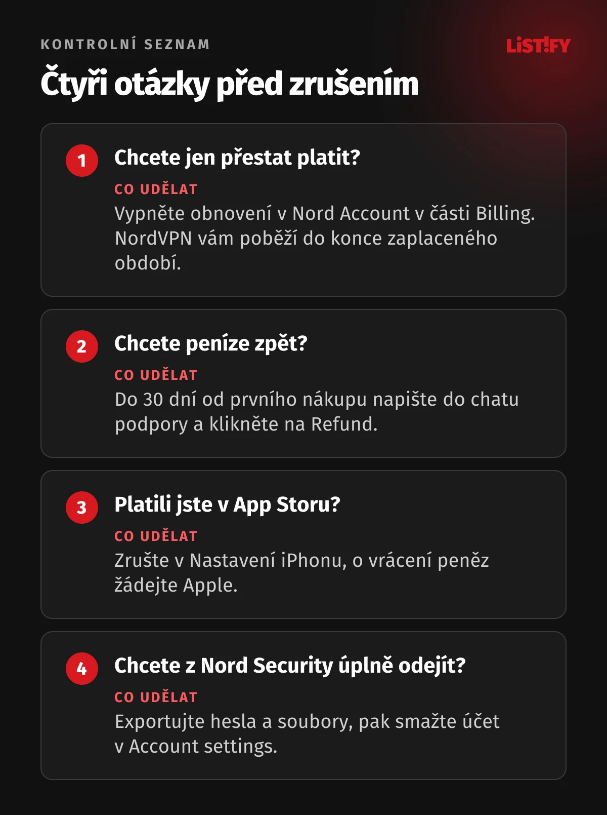 Čtyři otázky před zrušením NordVPN: chcete jen přestat platit, vypněte obnovení v Nord Account, chcete peníze zpět do 30 dní, napište do chatu podpory, platili jste v App Storu, žádejte Apple, chcete pryč úplně, smažte účet v Account settings