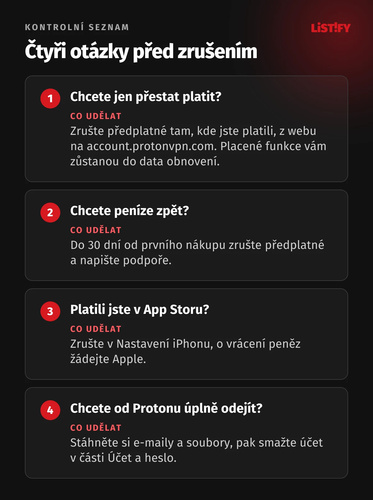 Čtyři otázky před zrušením Proton VPN: chcete jen přestat platit, zrušte předplatné v účtu, chcete peníze zpět do 30 dní, napište podpoře, platili jste v App Storu, žádejte Apple, chcete pryč úplně, smažte účet v části Účet a heslo