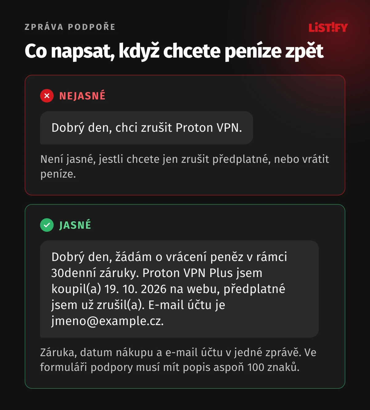Jak napsat podpoře Proton VPN: zpráva jen o zrušení je nejasná, správná zpráva říká, že žádáte o vrácení peněz v rámci 30denní záruky, a uvádí datum nákupu a e-mail účtu