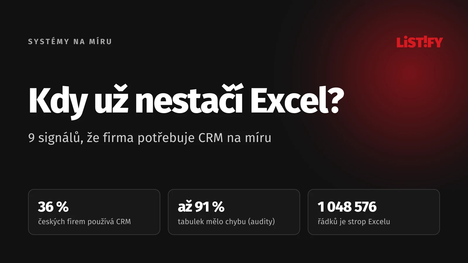 Obálka článku Kdy už firmě nestačí Excel: CRM používá 36 % českých firem, chyby našly audity až v 91 % tabulek a Excel pojme nejvýš 1 048 576 řádků