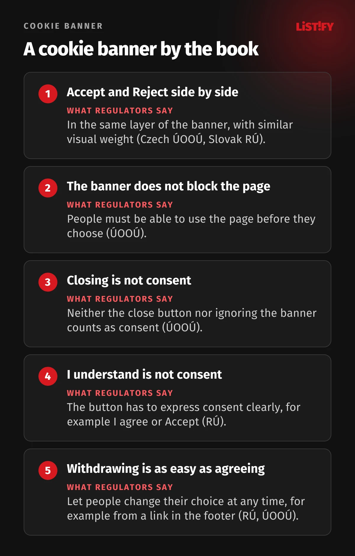 Five rules for a cookie banner according to Czech and Slovak regulators: Accept and Reject in the same layer with similar visual weight, the banner does not block the page, closing is not consent, I understand is not consent, withdrawing is as easy as giving consent