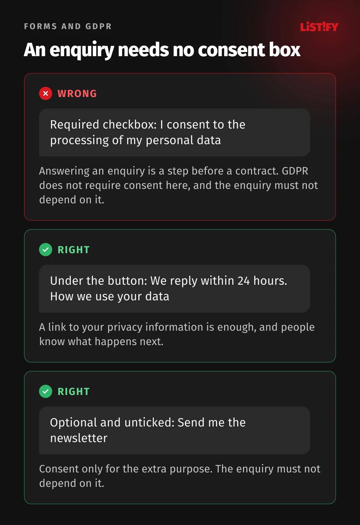 Two forms compared: wrong is a mandatory consent checkbox for processing personal data on an enquiry form, right is a privacy link under the button and an optional unticked box only for the newsletter
