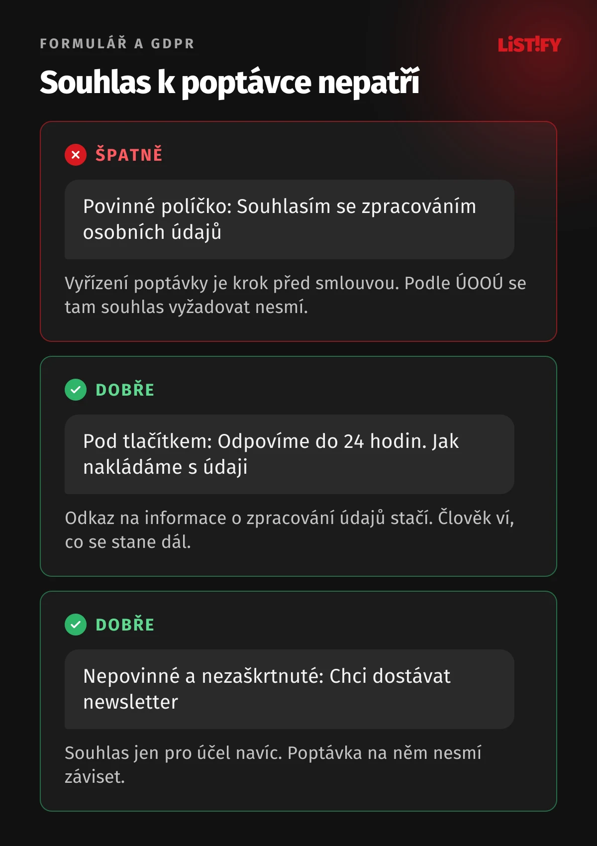 Srovnání dvou formulářů: špatně je povinné políčko se souhlasem se zpracováním údajů u poptávky, dobře je odkaz na informace pod tlačítkem a nepovinné nezaškrtnuté políčko jen pro newsletter