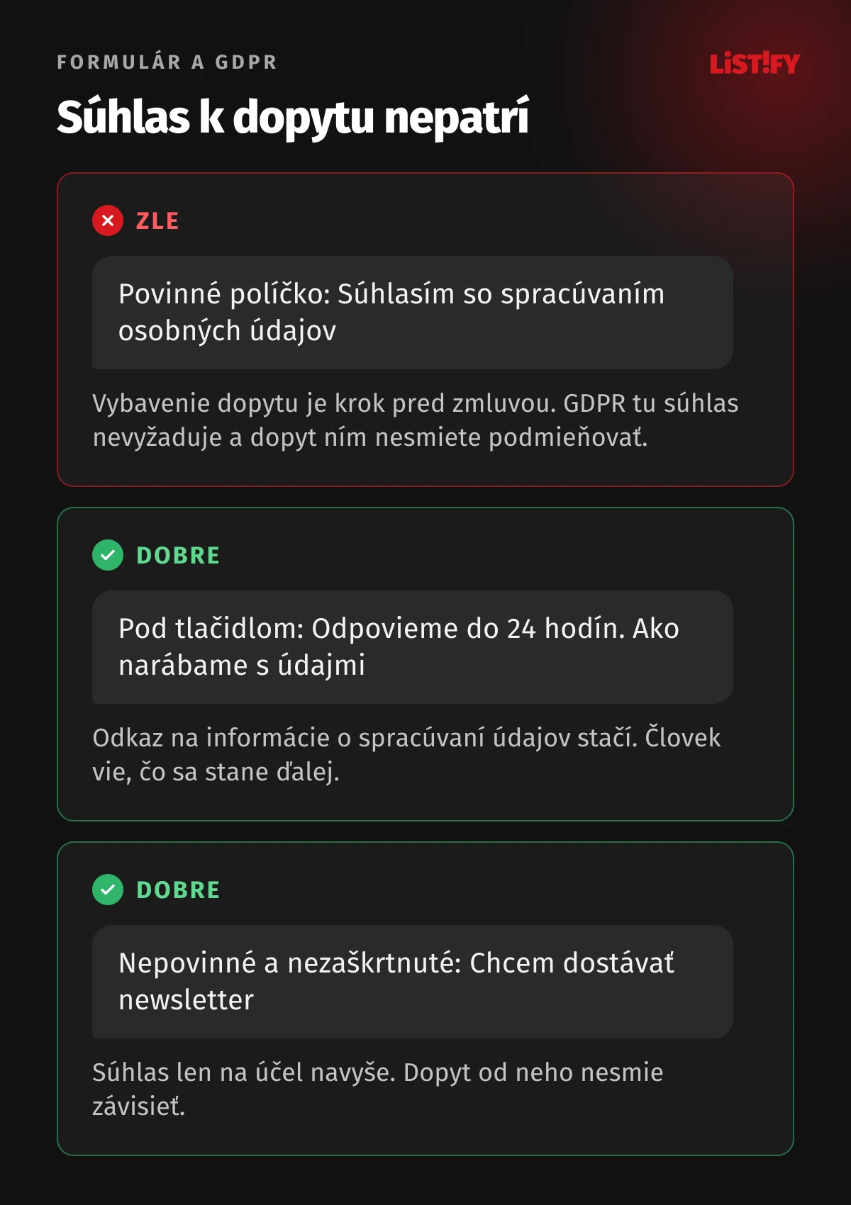 Porovnanie dvoch formulárov: zle je povinné políčko so súhlasom so spracúvaním údajov pri dopyte, dobre je odkaz na informácie pod tlačidlom a nepovinné nezaškrtnuté políčko len pre newsletter