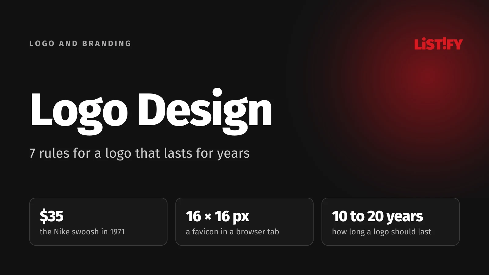 Cover of Logo Design: 7 Rules for a Logo That Lasts for Years. The Nike swoosh cost $35, a logo has to work at 16 × 16 px, a good logo lasts 10 to 20 years