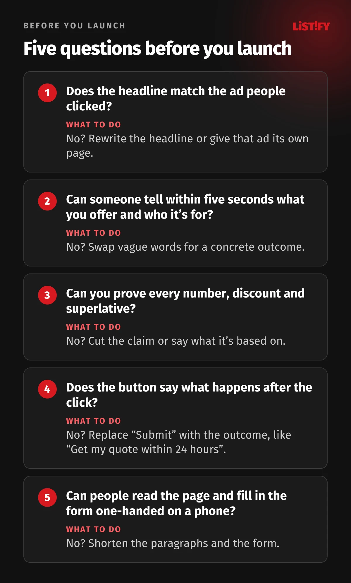Five questions before launching a landing page: does the headline match the ad, can people tell the offer within five seconds, can you prove your numbers and discounts, does the button name the outcome and does the page work on a phone