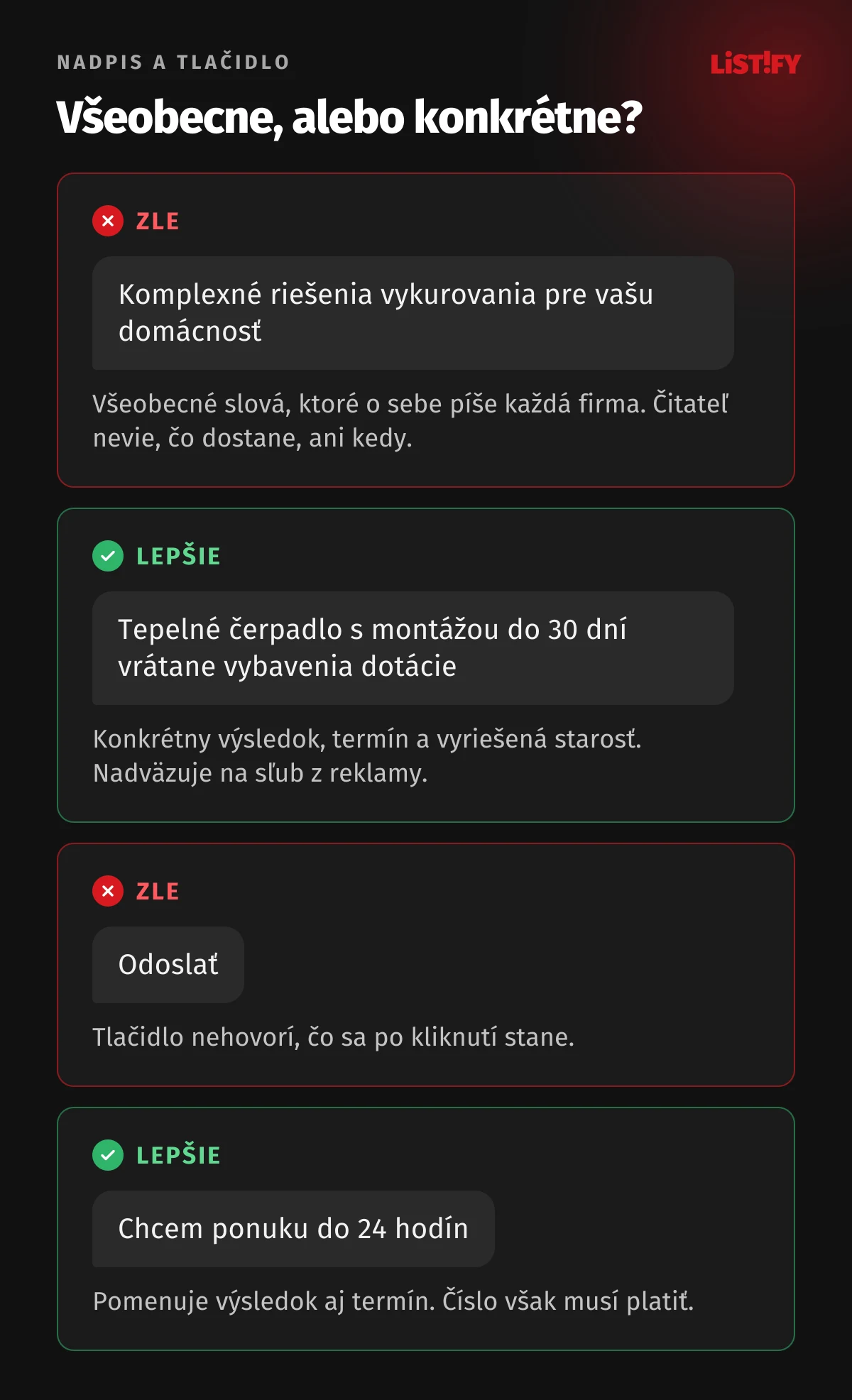 Príklady zlého a lepšieho textu: všeobecný nadpis Komplexné riešenia vykurovania oproti konkrétnemu Tepelné čerpadlo s montážou do 30 dní a tlačidlo Odoslať oproti tlačidlu Chcem ponuku do 24 hodín