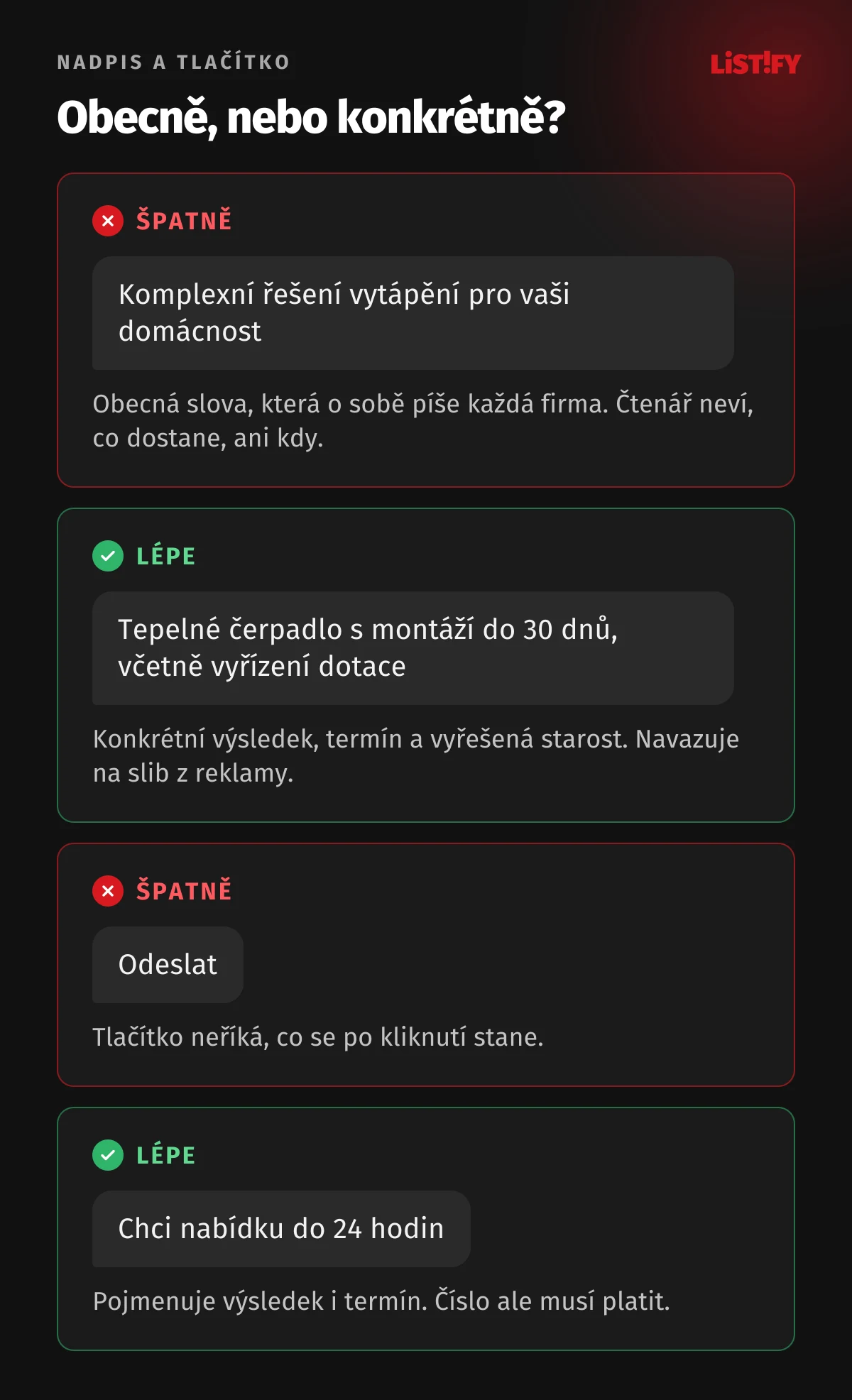 Příklady špatného a lepšího textu: obecný nadpis Komplexní řešení vytápění proti konkrétnímu Tepelné čerpadlo s montáží do 30 dnů a tlačítko Odeslat proti tlačítku Chci nabídku do 24 hodin