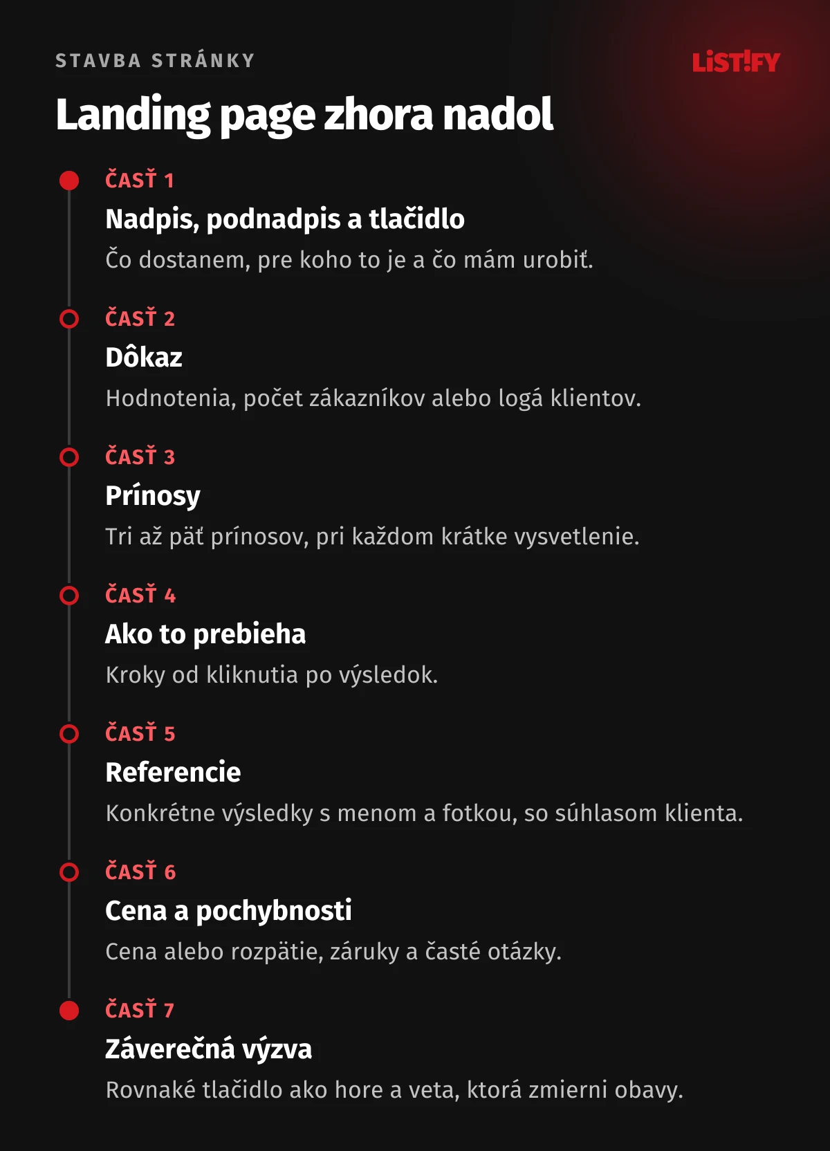 Stavba landing page zhora nadol v siedmich častiach: nadpis s tlačidlom, dôkaz, prínosy, priebeh spolupráce, referencie, cena s odpoveďami na pochybnosti a záverečná výzva na akciu
