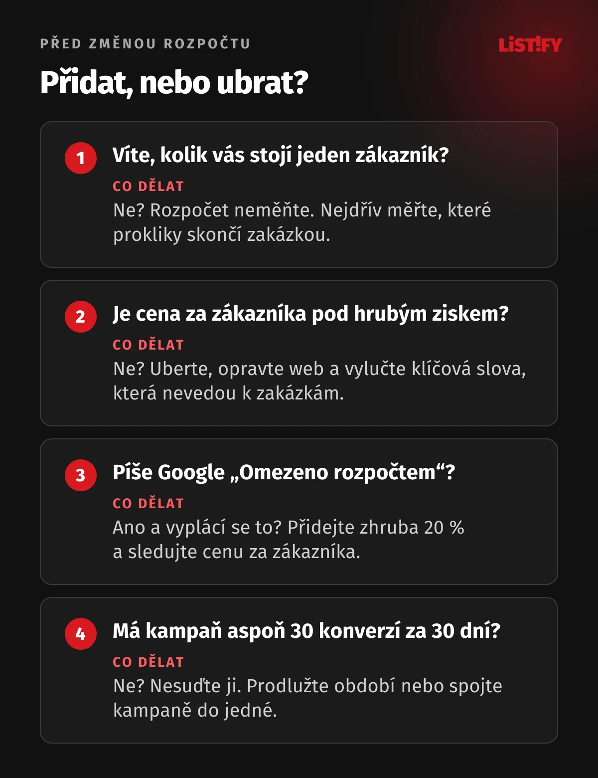 Čtyři otázky před změnou rozpočtu: víte, kolik stojí zákazník, je cena za zákazníka pod hrubým ziskem, píše Google „Omezeno rozpočtem“ a nasbírala kampaň aspoň 30 konverzí
