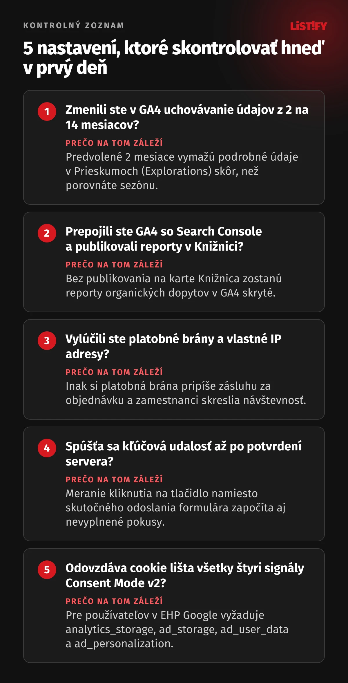 Päť nastavení GA4 a Search Console na prvý deň: uchovávanie dát 14 mesiacov, publikácia Search Console v Knižnici, vylúčenie platobných brán a IP adries, meranie kľúčovej udalosti po potvrdení servera a štyri signály Consent Mode v2