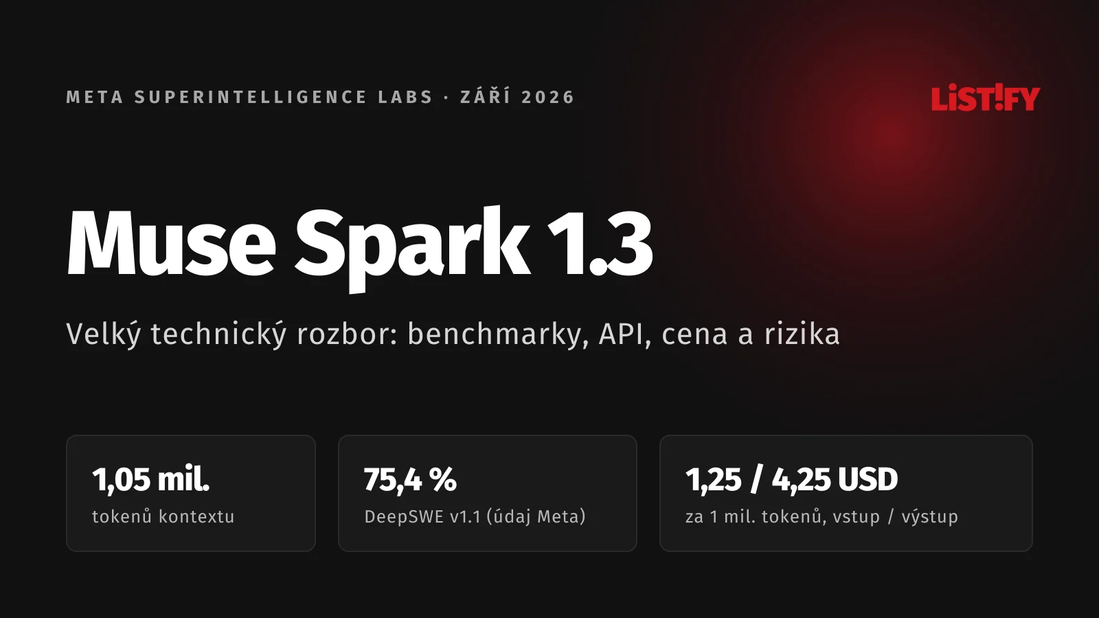 Obálka článku Muse Spark 1.3: kontext 1,05 milionu tokenů, 75,4 % v testu DeepSWE v1.1 podle Meta a cena 1,25 a 4,25 USD za milion tokenů