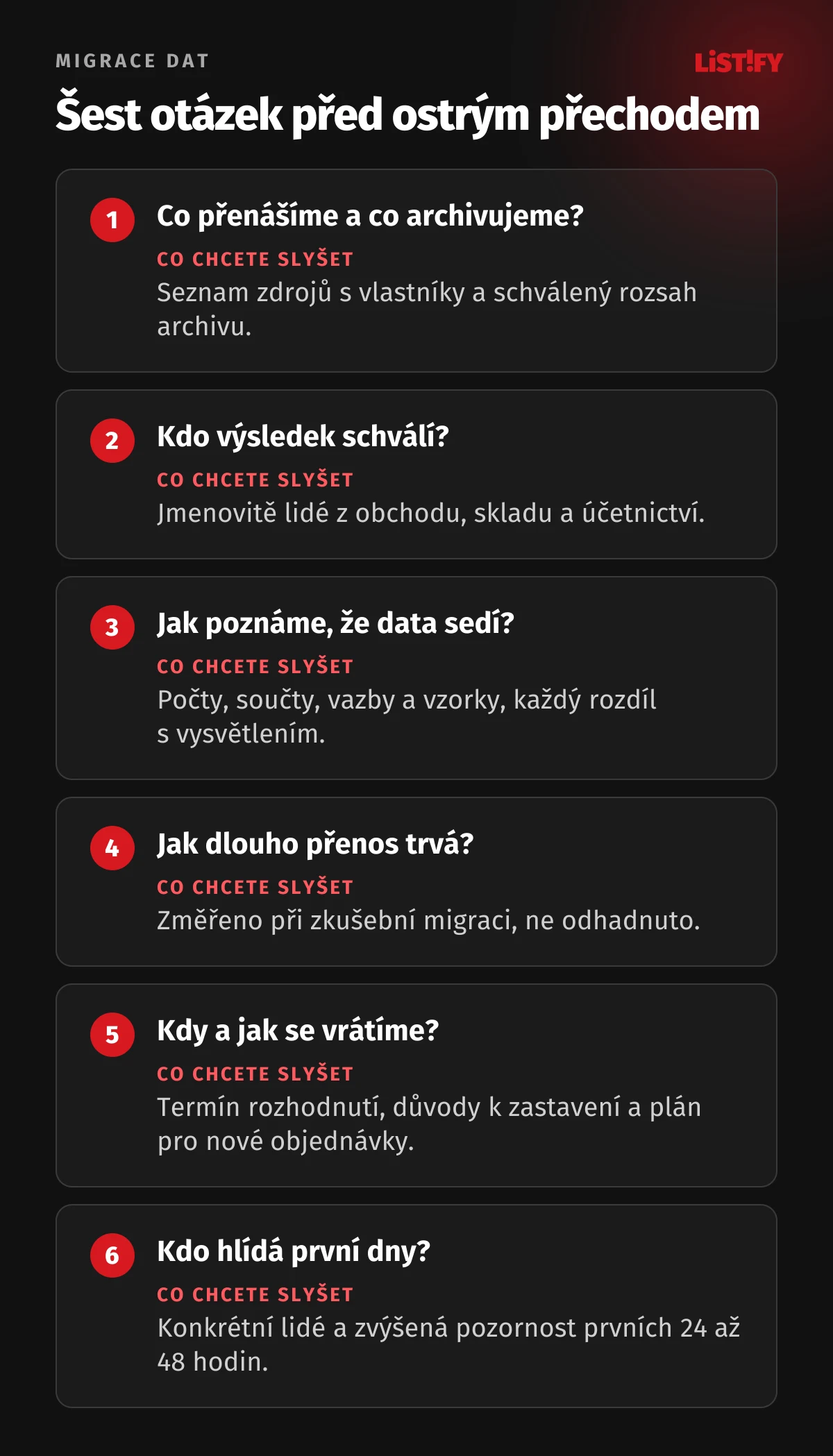 Šest otázek před ostrým přechodem: co přenášíme a co archivujeme, kdo výsledek schválí, jak poznáme, že data sedí, jak dlouho přenos trvá, kdy a jak se vrátíme, kdo hlídá první dny