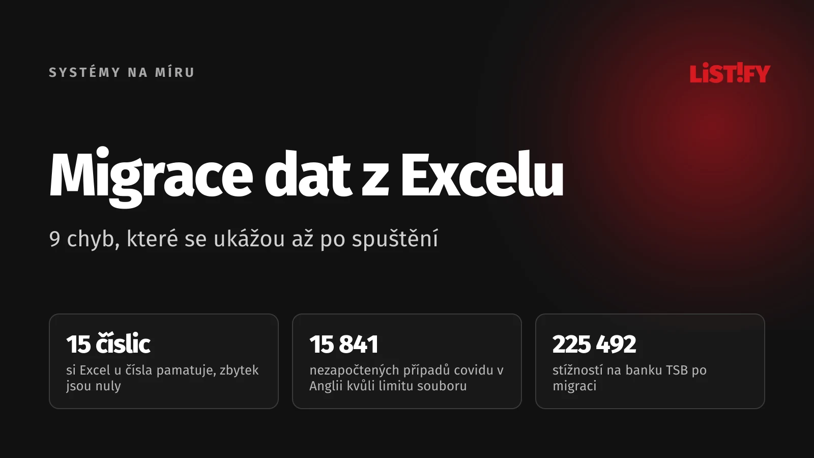 Obálka Migrace dat z Excelu: Excel si u čísla pamatuje 15 číslic, 15 841 nezapočtených případů covidu v Anglii kvůli limitu souboru, 225 492 stížností na TSB po migraci