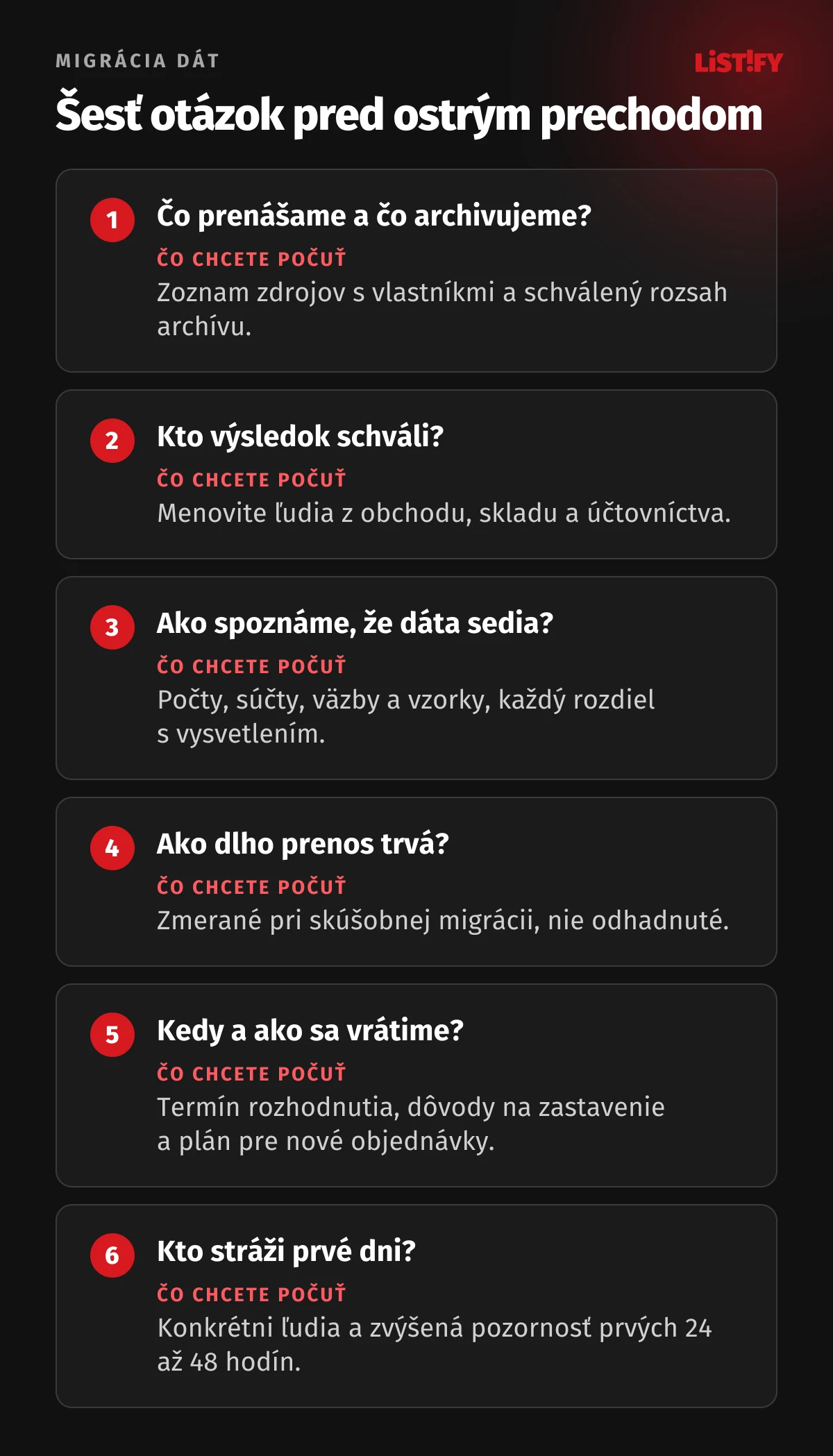 Šesť otázok pred ostrým prechodom: čo prenášame a čo archivujeme, kto výsledok schváli, ako spoznáme, že dáta sedia, ako dlho prenos trvá, kedy a ako sa vrátime, kto stráži prvé dni