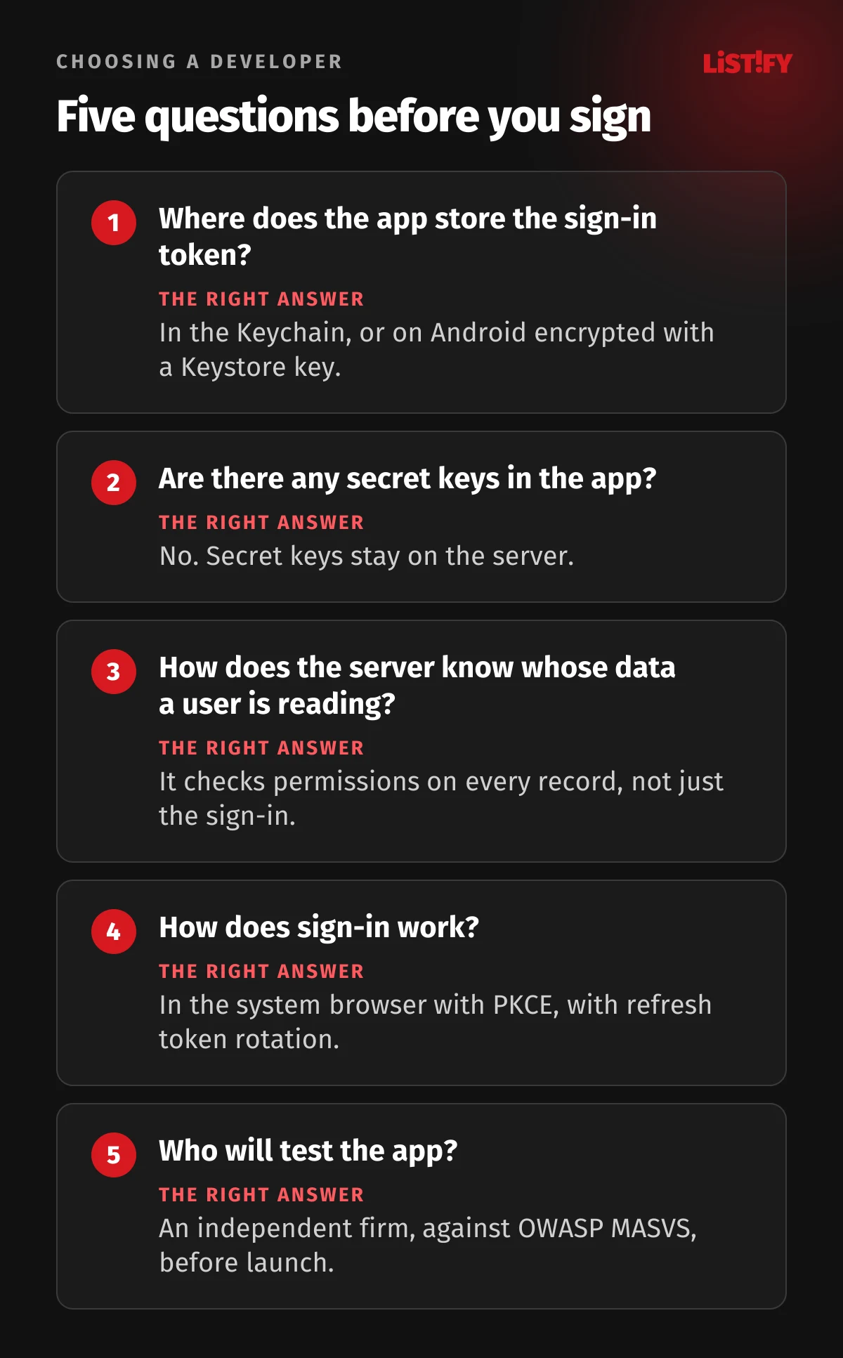 Five questions for your app developer: where the token is stored, whether there are secret keys in the app, how the server checks permissions, how sign-in works and who will test the app