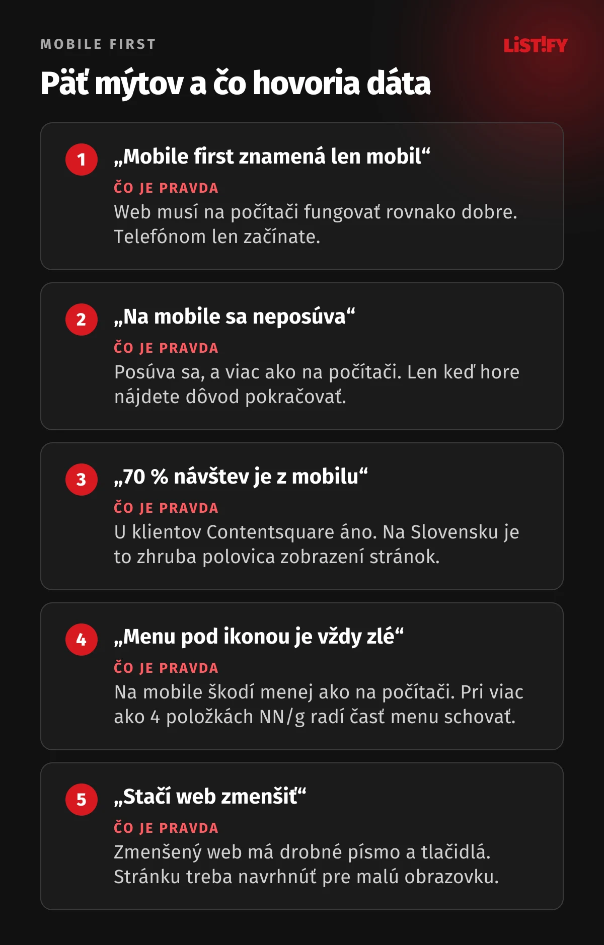 Mýty o mobile first: mobile first znamená len mobil, na mobile sa neposúva, 70 % návštev je z mobilu, menu pod ikonou je vždy zlé, stačí web zmenšiť