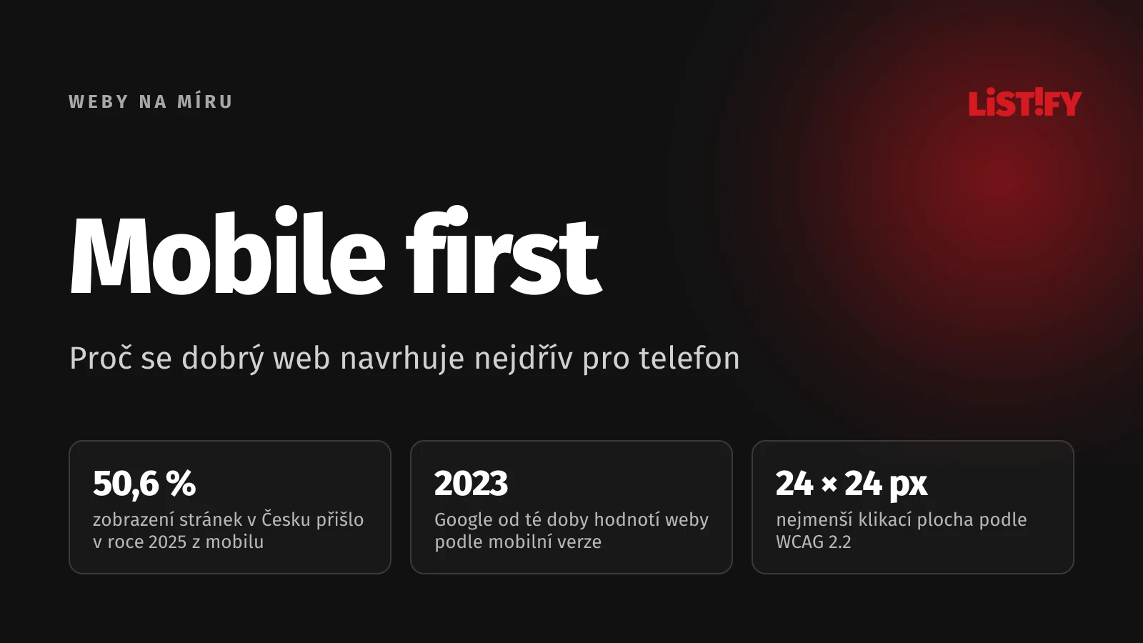 Obálka článku Mobile first: v roce 2025 přišlo z mobilu 50,6 % zobrazení stránek v Česku, Google od roku 2023 indexuje mobilní verzi webu, WCAG 2.2 chce tlačítka aspoň 24 × 24 px