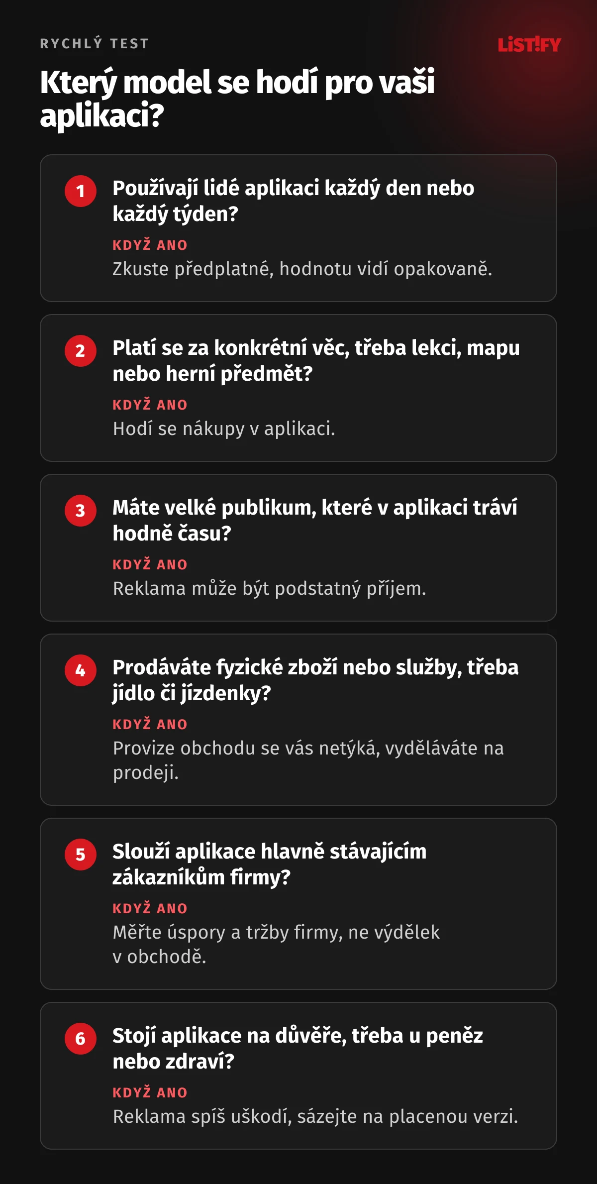 Šest otázek pro výběr modelu: pravidelné používání vede k předplatnému, platba za konkrétní věc k nákupům v aplikaci, velké publikum k reklamě, fyzické zboží k prodeji bez provize, aplikaci pro stávající zákazníky hodnoťte podle úspor a u citlivých témat volte placenou verzi