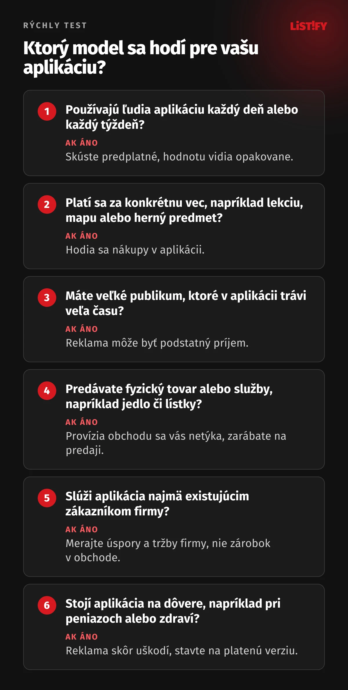 Šesť otázok na výber modelu: pravidelné používanie vedie k predplatnému, platba za konkrétnu vec k nákupom v aplikácii, veľké publikum k reklame, fyzický tovar k predaju bez provízie, aplikáciu pre existujúcich zákazníkov hodnoťte podľa úspor a pri citlivých témach voľte platenú verziu