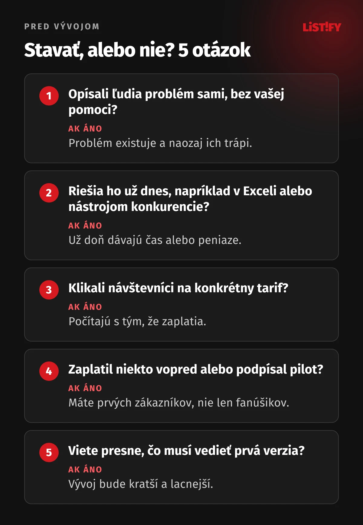 Stavať, alebo nie? Päť otázok pred vývojom aplikácie: opísali ľudia problém sami, riešia ho už dnes, klikli na tarif, zaplatil niekto vopred, viete, čo musí vedieť prvá verzia