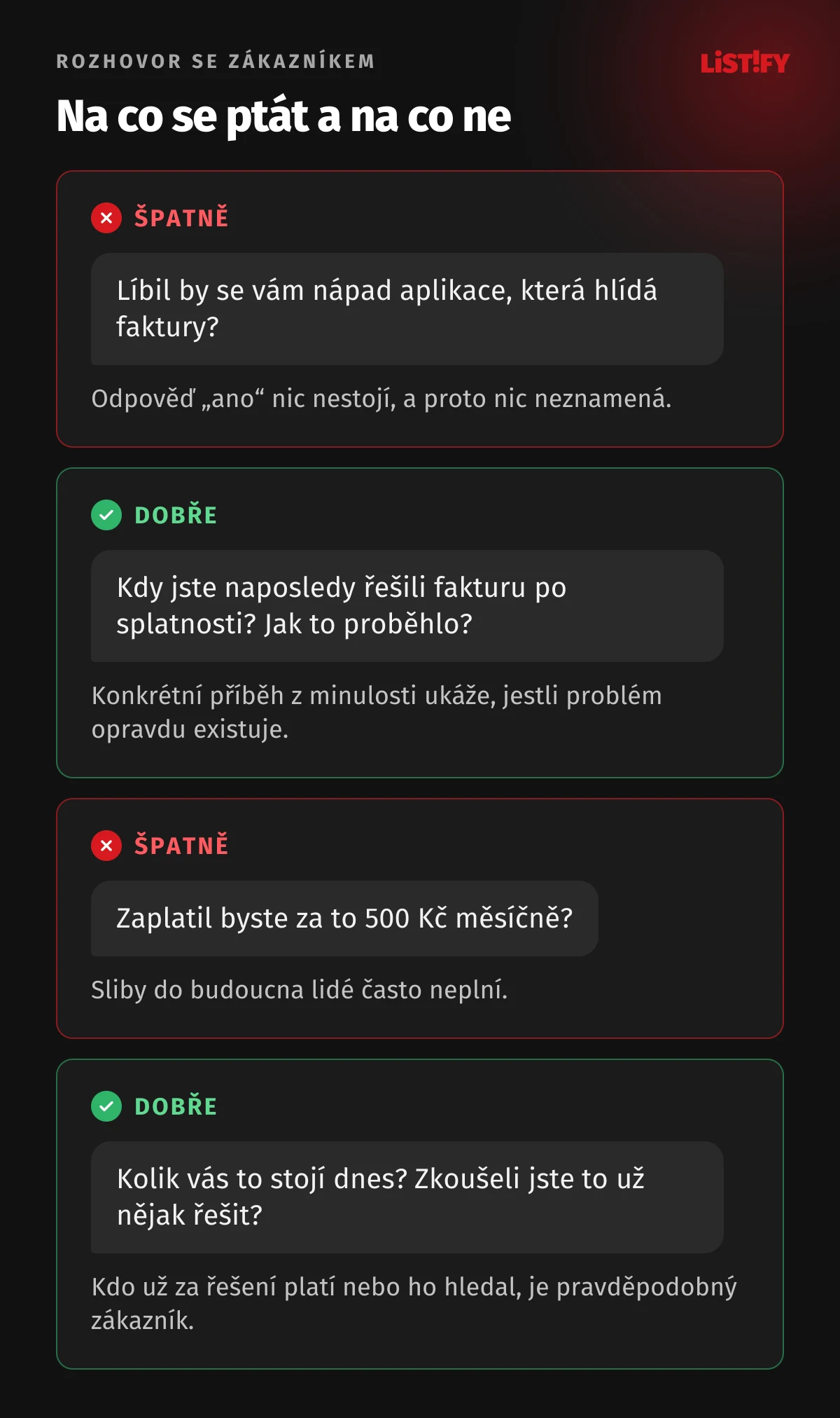 Špatné a dobré otázky při rozhovoru se zákazníkem: místo „Líbil by se vám nápad aplikace, která hlídá faktury?“ se ptejte „Kdy jste naposledy řešili fakturu po splatnosti?“, místo „Zaplatil byste za to 500 Kč měsíčně?“ se ptejte „Kolik vás to stojí dnes?“