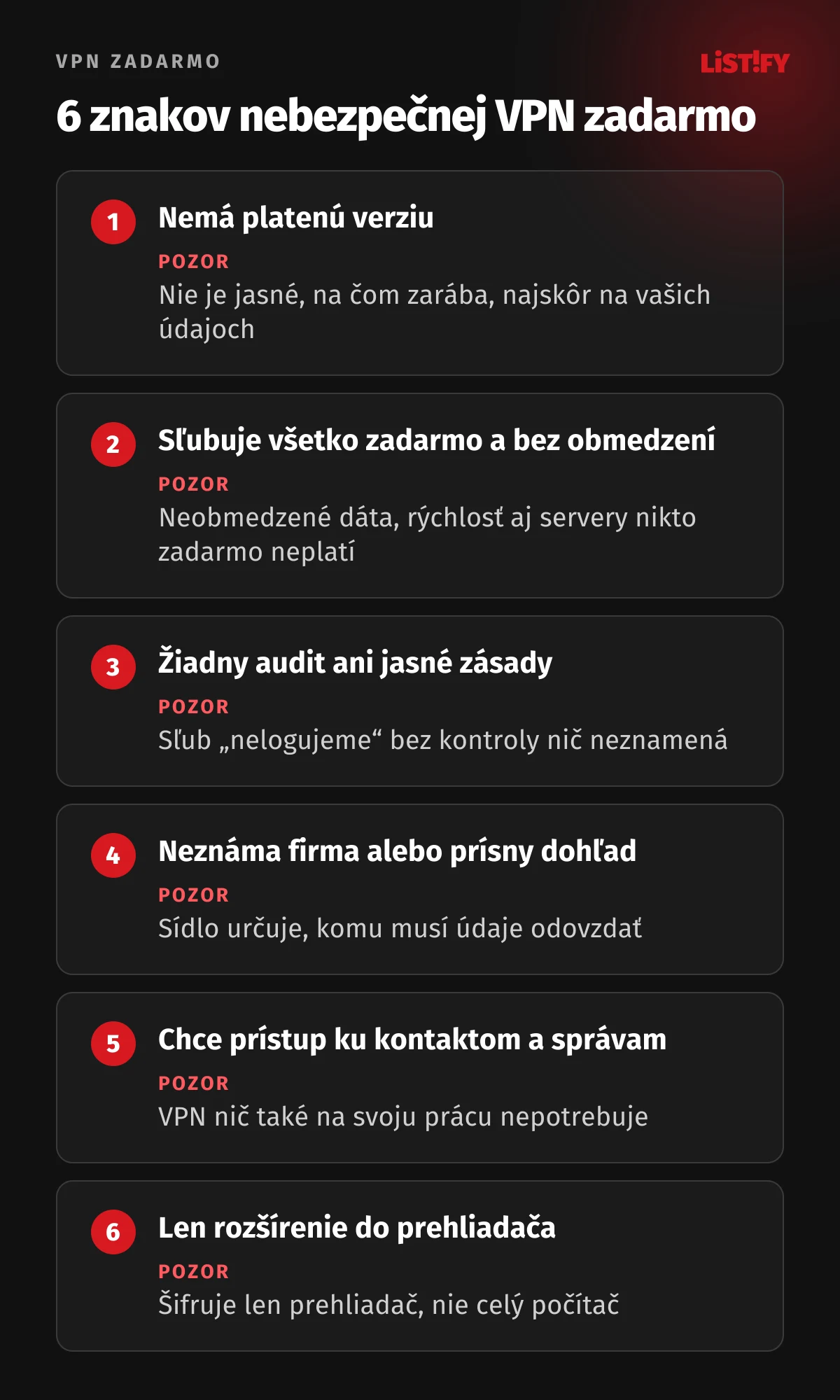 Šesť znakov nebezpečnej VPN zadarmo: nemá platenú verziu, sľubuje všetko zadarmo bez obmedzení, nemá audit, neznáma firma, chce prístup ku kontaktom a správam, len rozšírenie do prehliadača