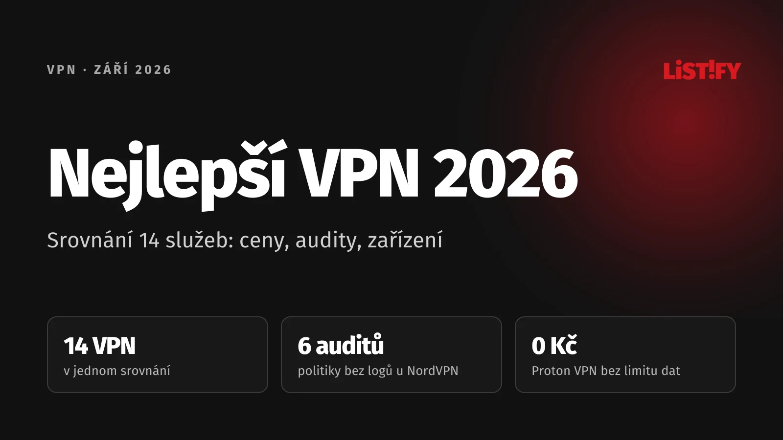 Obálka srovnání Nejlepší VPN 2026: 14 VPN v jednom srovnání, 6 auditů politiky bez logů u NordVPN, Proton VPN zdarma bez limitu dat