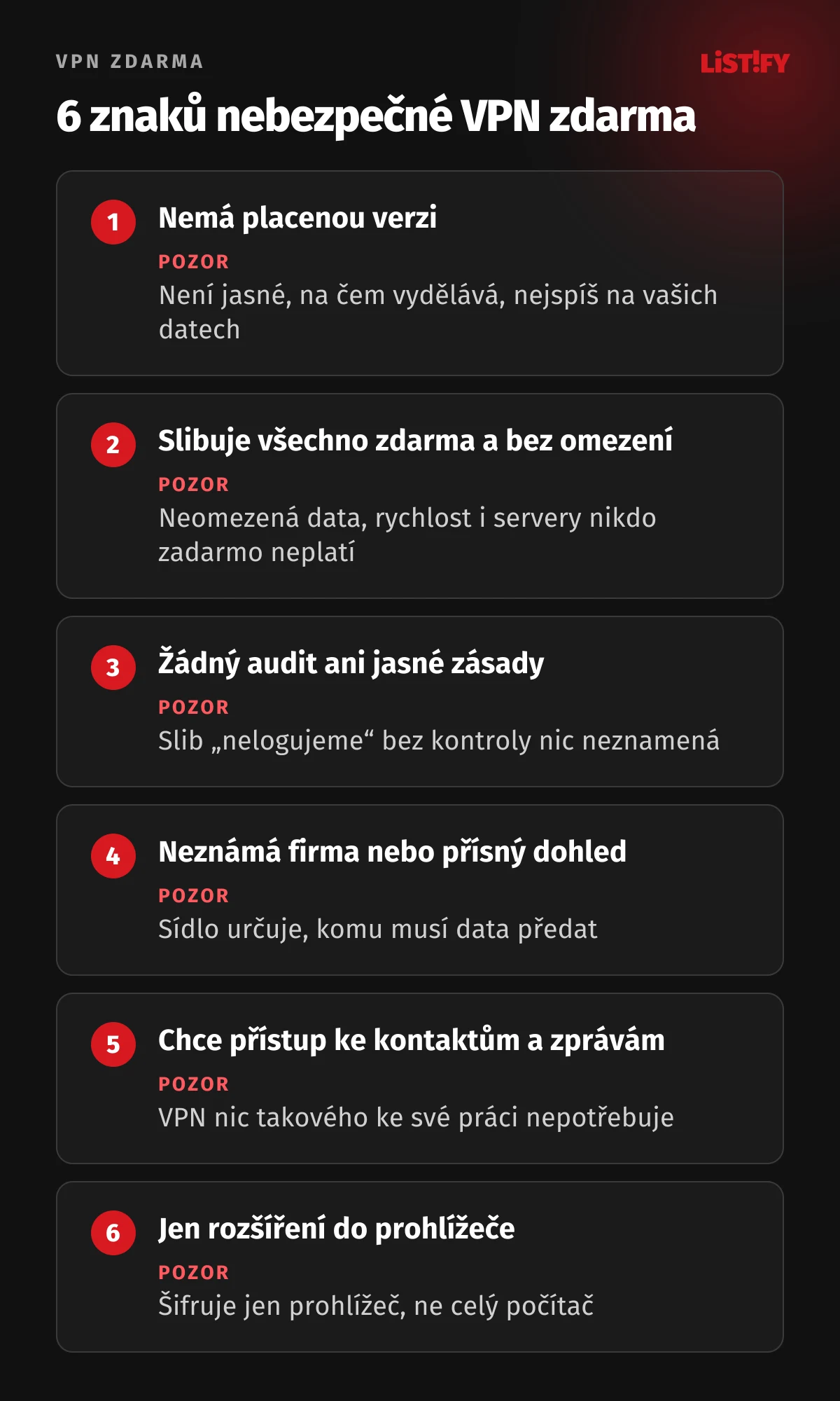 Šest znaků nebezpečné VPN zdarma: nemá placenou verzi, slibuje vše zdarma bez omezení, nemá audit, neznámá firma, chce přístup ke kontaktům a zprávám, jen rozšíření do prohlížeče