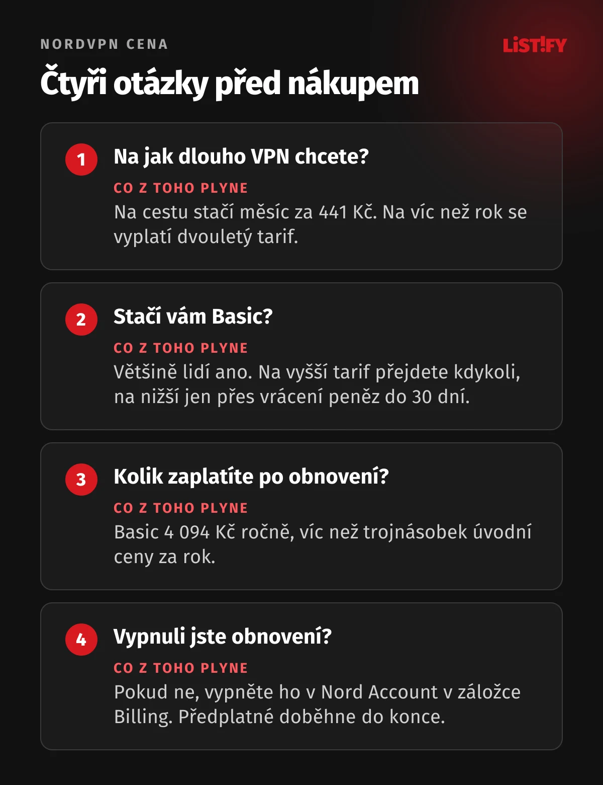 Čtyři otázky před nákupem NordVPN: na jak dlouho ji chcete, stačí vám Basic, kolik zaplatíte po obnovení, vypnuli jste automatické obnovení